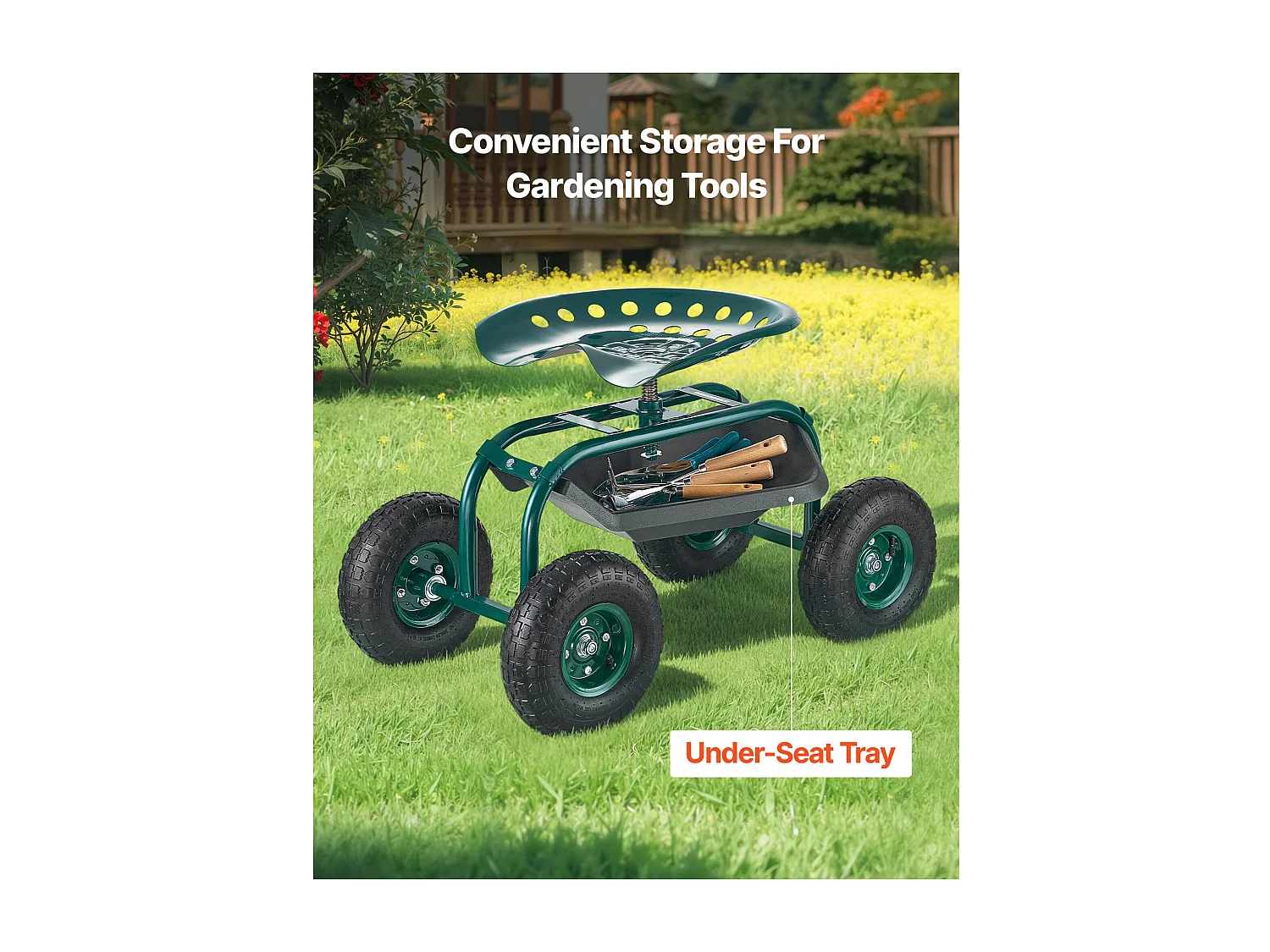 Asiento de Jardín con Ruedas SucceBuy, Taburete de Jardinería con Ruedas Robusto con Cesta de Almacenamiento para Herramientas, Capacidad 136 kg, para Exterior