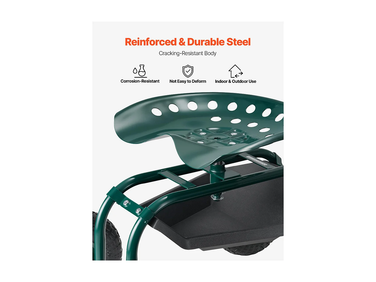 Asiento de Jardín con Ruedas SucceBuy, Taburete de Jardinería con Ruedas Robusto con Cesta de Almacenamiento para Herramientas, Capacidad 136 kg, para Exterior