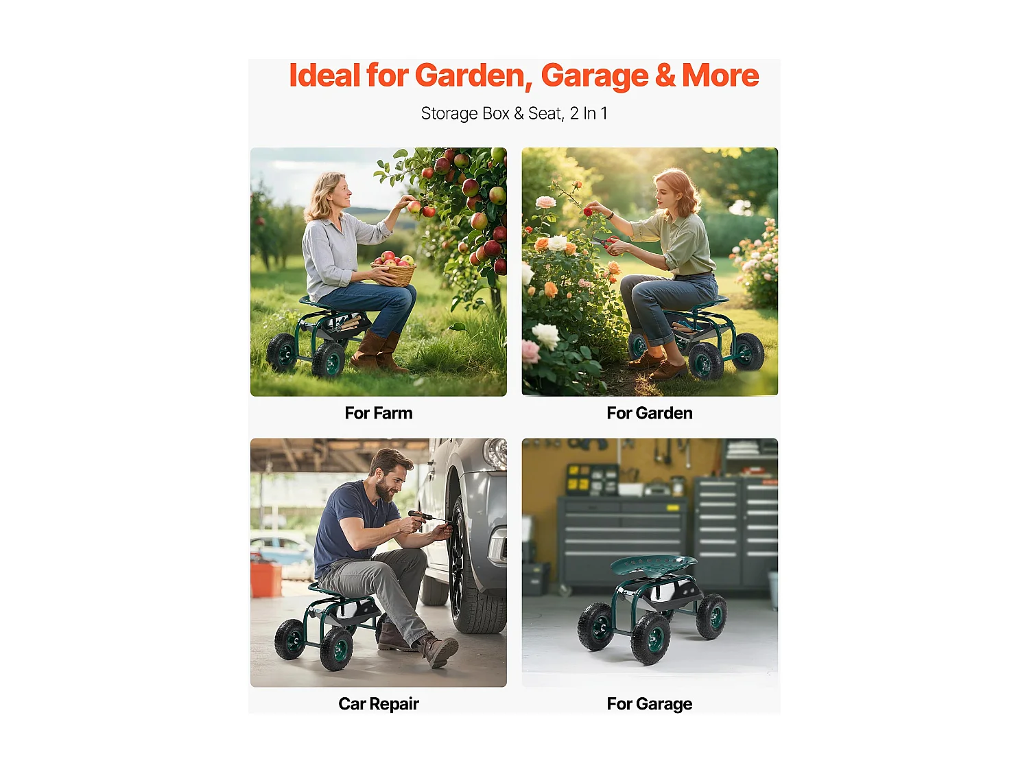 Asiento de Jardín con Ruedas SucceBuy, Taburete de Jardinería con Ruedas Robusto con Cesta de Almacenamiento para Herramientas, Capacidad 136 kg, para Exterior