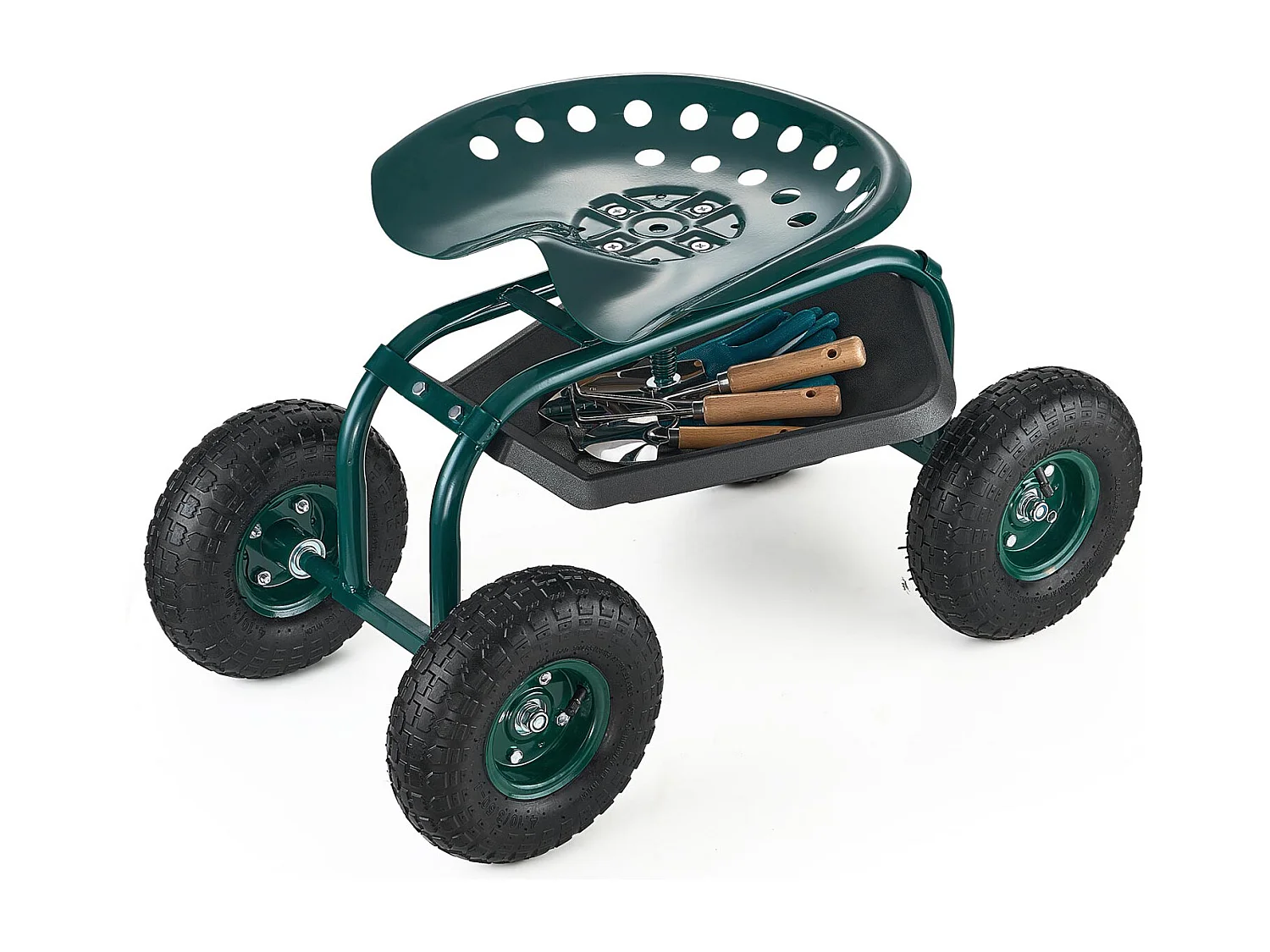 Asiento de Jardín con Ruedas SucceBuy, Taburete de Jardinería con Ruedas Robusto con Cesta de Almacenamiento para Herramientas, Capacidad 136 kg, para Exterior