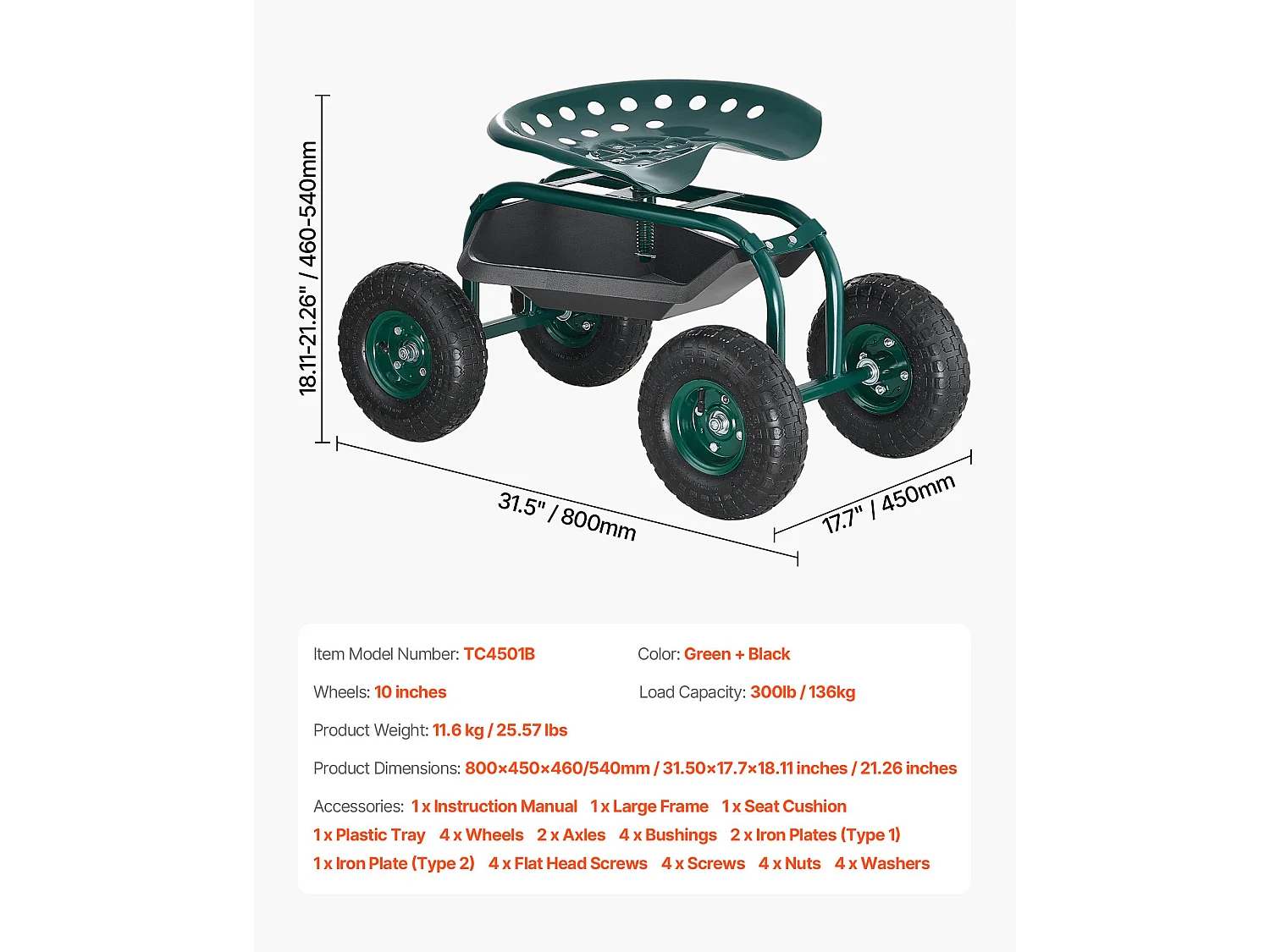 Cadeira de Jardim com Rodas SucceBuy, Banco de Jardinagem com Rodas Robusto com Cesto de Arrumação para Ferramentas, Capacidade 136 kg, para Plantação, Exterior