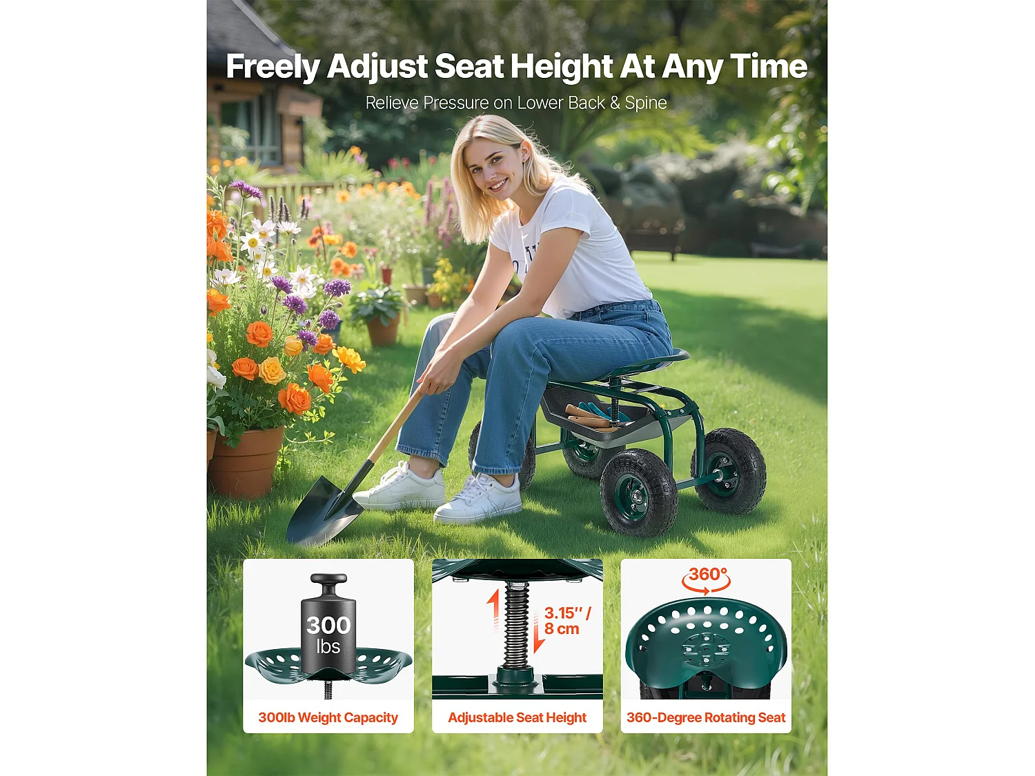 Cadeira de Jardim com Rodas SucceBuy, Banco de Jardinagem com Rodas Robusto com Cesto de Arrumação para Ferramentas, Capacidade 136 kg, para Plantação, Exterior