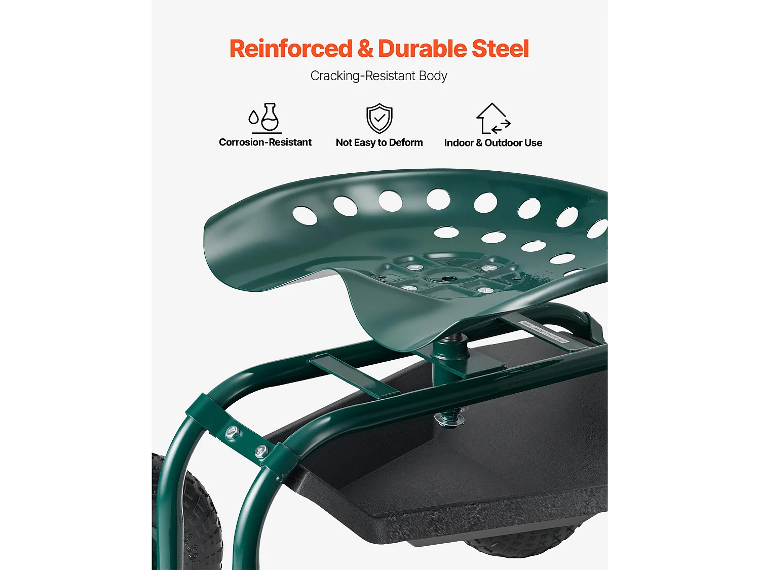 Cadeira de Jardim com Rodas SucceBuy, Banco de Jardinagem com Rodas Robusto com Cesto de Arrumação para Ferramentas, Capacidade 136 kg, para Plantação, Exterior