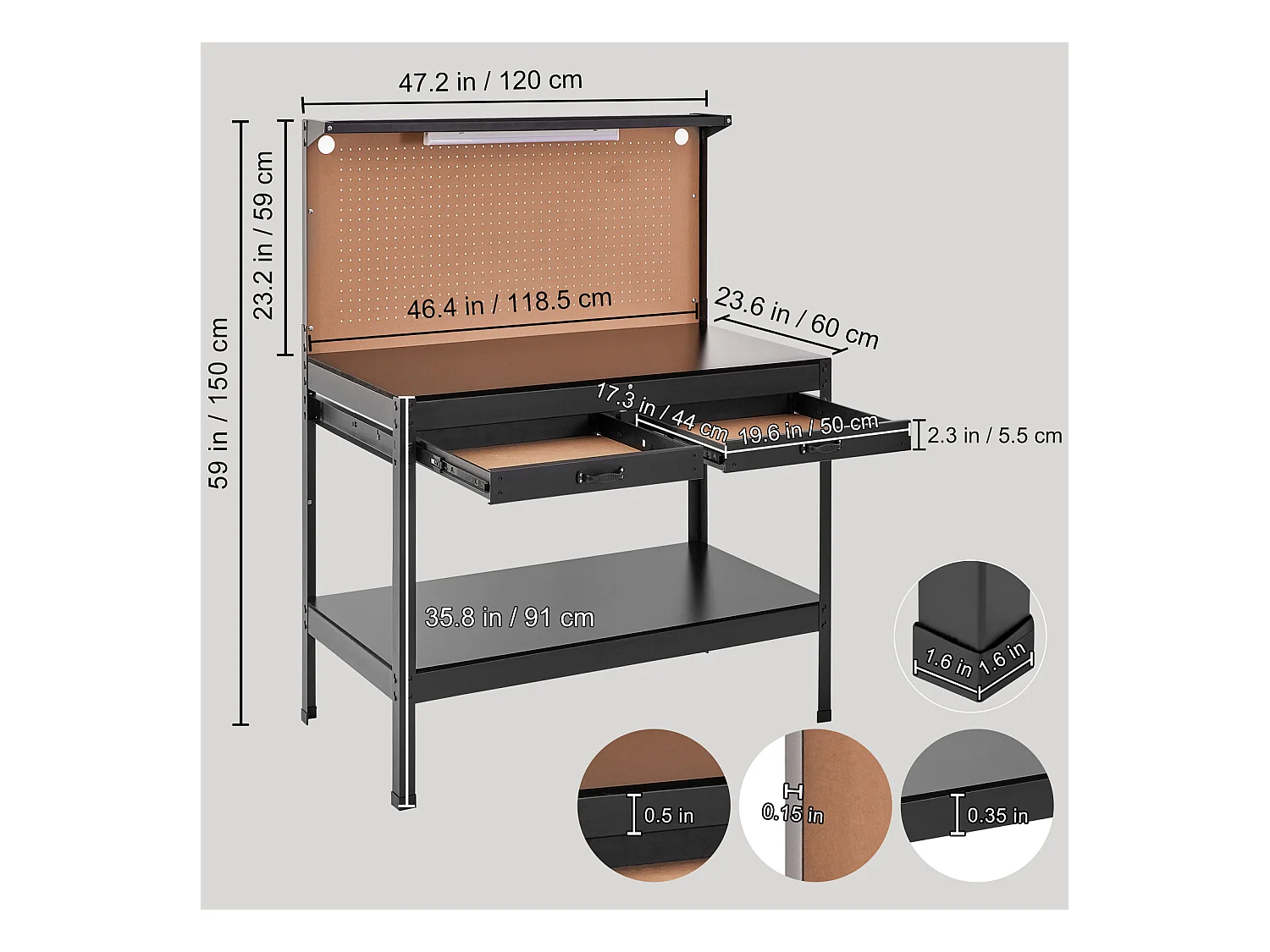 Banco da Lavoro in Acciaio A3 SucceBuy, Cavo da 1,5 m, 4 Prese CA, 2 Porte USB, Portata 100 kg, 30 Ganci, Pannello Forato, Resistente per Garage