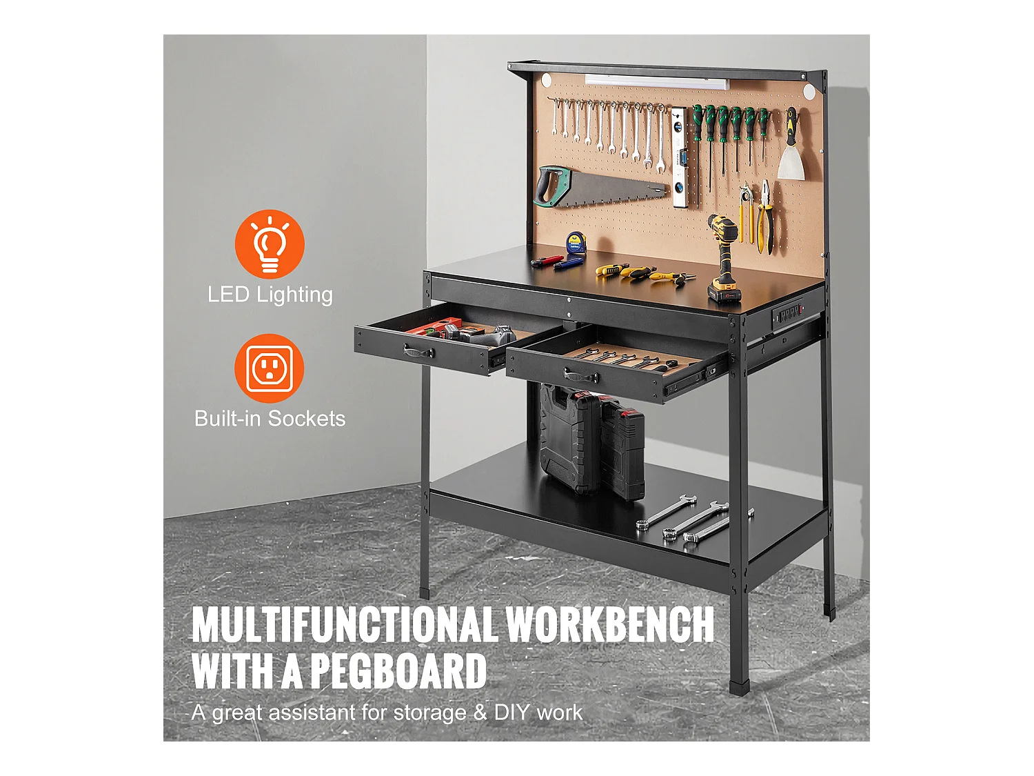 Banco da Lavoro in Acciaio A3 SucceBuy, Cavo da 1,5 m, 4 Prese CA, 2 Porte USB, Portata 100 kg, 30 Ganci, Pannello Forato, Resistente per Garage