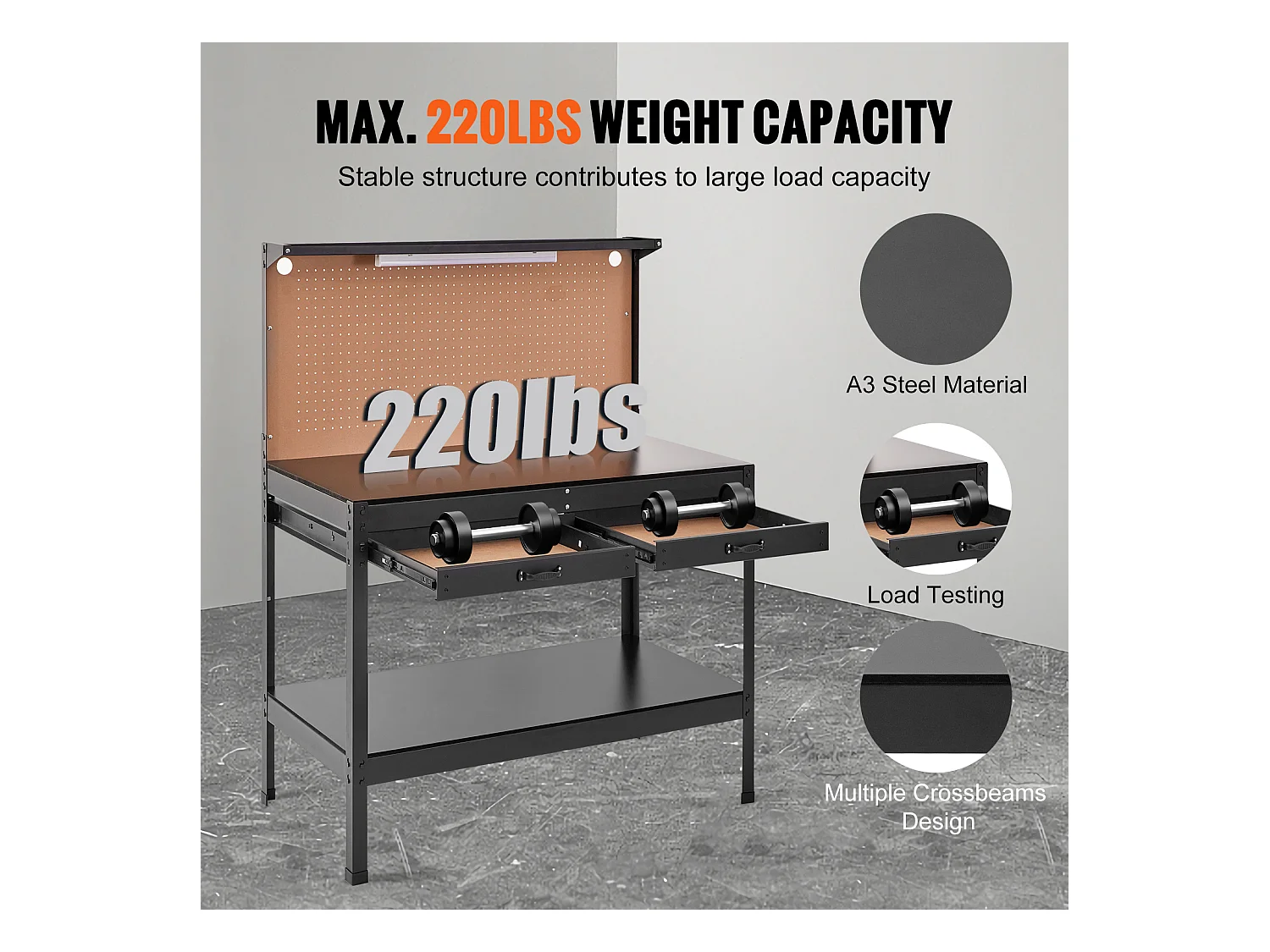 Banco da Lavoro in Acciaio A3 SucceBuy, Cavo da 1,5 m, 4 Prese CA, 2 Porte USB, Portata 100 kg, 30 Ganci, Pannello Forato, Resistente per Garage