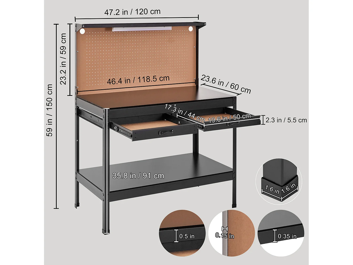 Table Établi en Acier A3 SucceBuy, Câble de 1,5 m, 4 Prises Secteur, 2 Ports USB, Capacité de 100 kg, 30 Crochets, Panneau Perforé, Robuste pour Garage