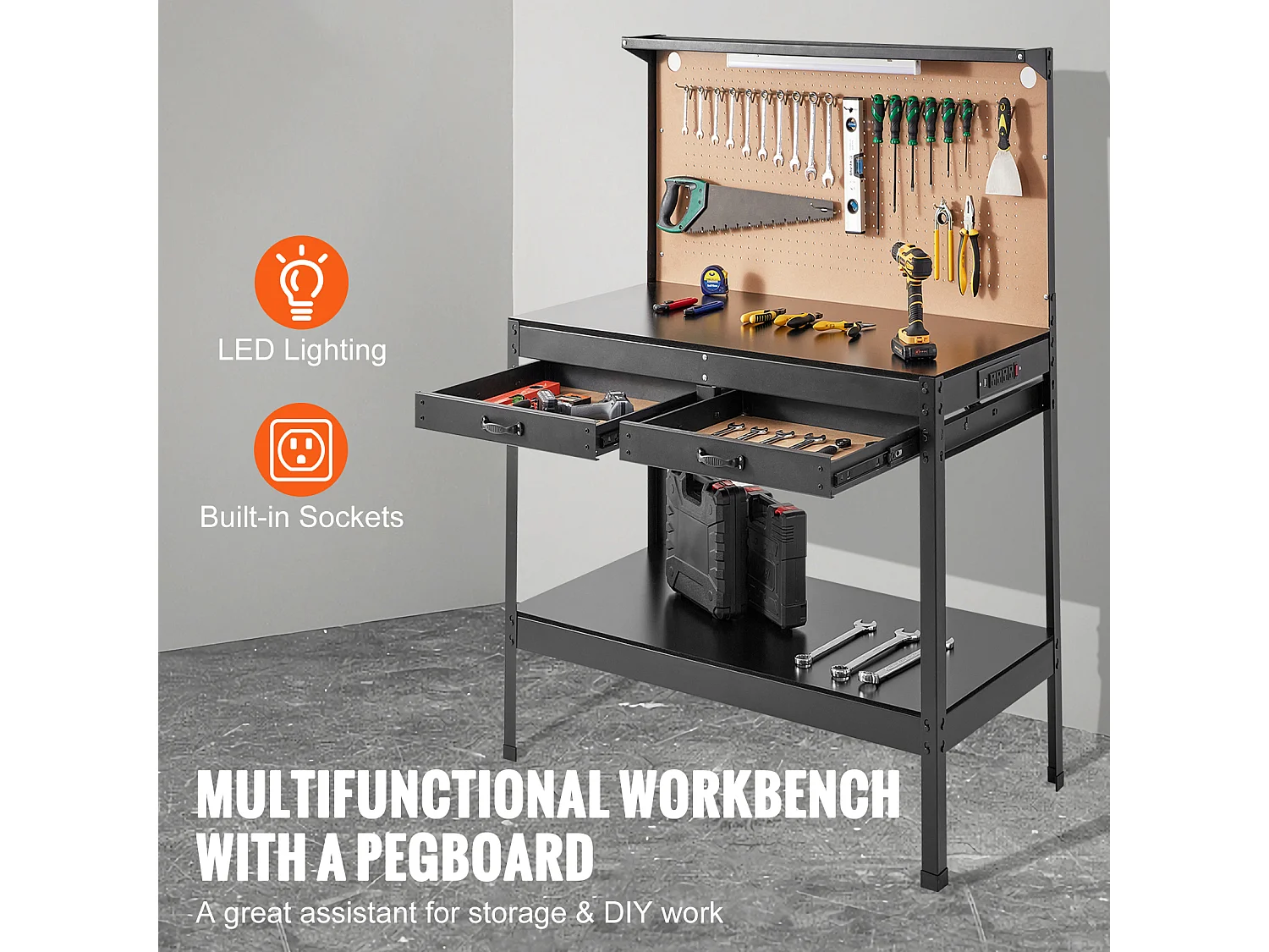 Table Établi en Acier A3 SucceBuy, Câble de 1,5 m, 4 Prises Secteur, 2 Ports USB, Capacité de 100 kg, 30 Crochets, Panneau Perforé, Robuste pour Garage