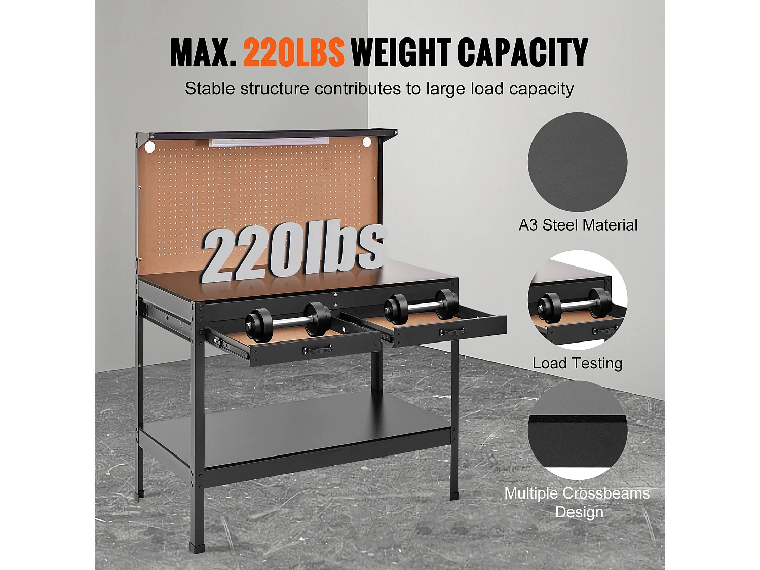 Table Établi en Acier A3 SucceBuy, Câble de 1,5 m, 4 Prises Secteur, 2 Ports USB, Capacité de 100 kg, 30 Crochets, Panneau Perforé, Robuste pour Garage