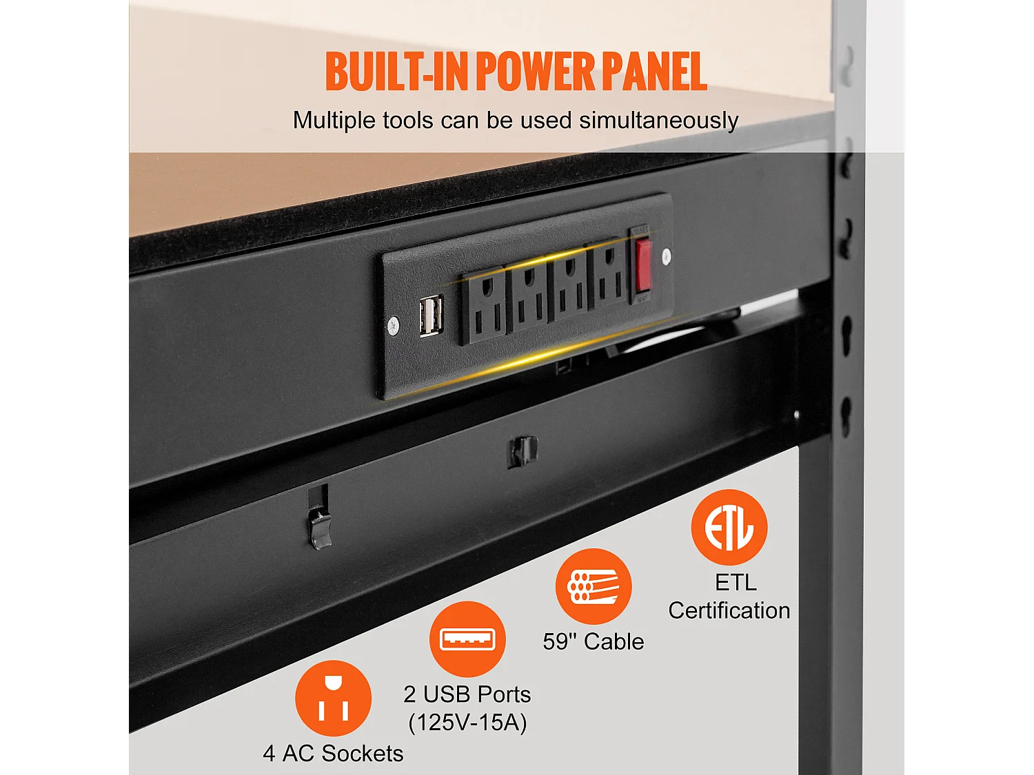 Table Établi en Acier A3 SucceBuy, Câble de 1,5 m, 4 Prises Secteur, 2 Ports USB, Capacité de 100 kg, 30 Crochets, Panneau Perforé, Robuste pour Garage