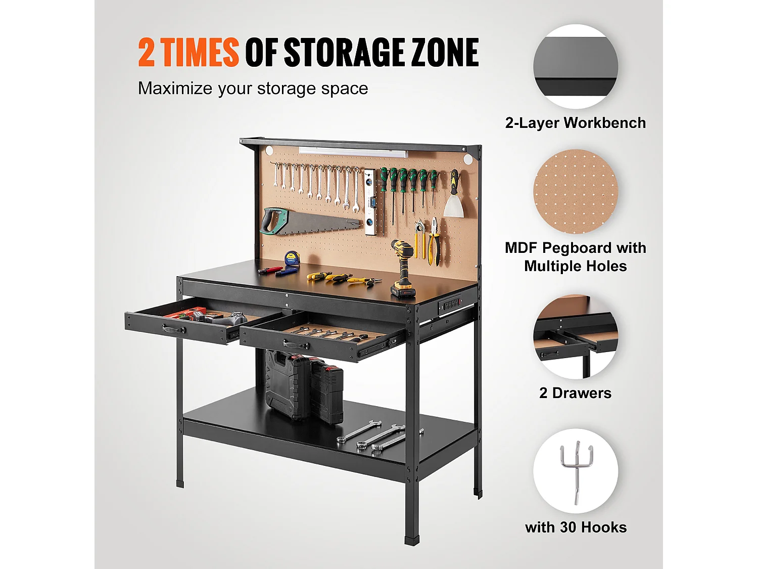 Table Établi en Acier A3 SucceBuy, Câble de 1,5 m, 4 Prises Secteur, 2 Ports USB, Capacité de 100 kg, 30 Crochets, Panneau Perforé, Robuste pour Garage