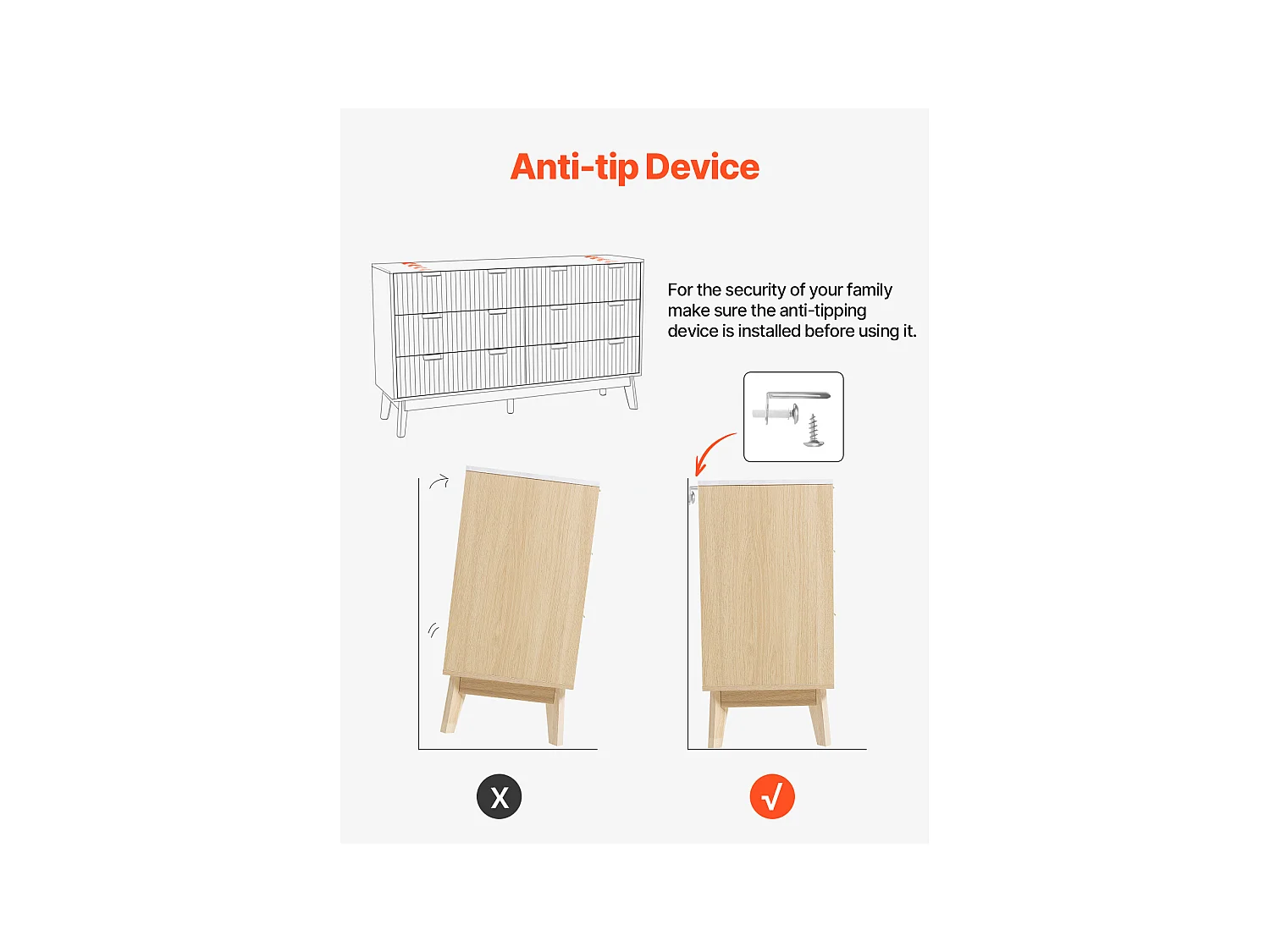 Commode SucceBuy à 6 tiroirs, Meuble de Rangement en Bois avec Système Coulissant et Anti-Basculement, Style Minimaliste Moderne, Bois Clair