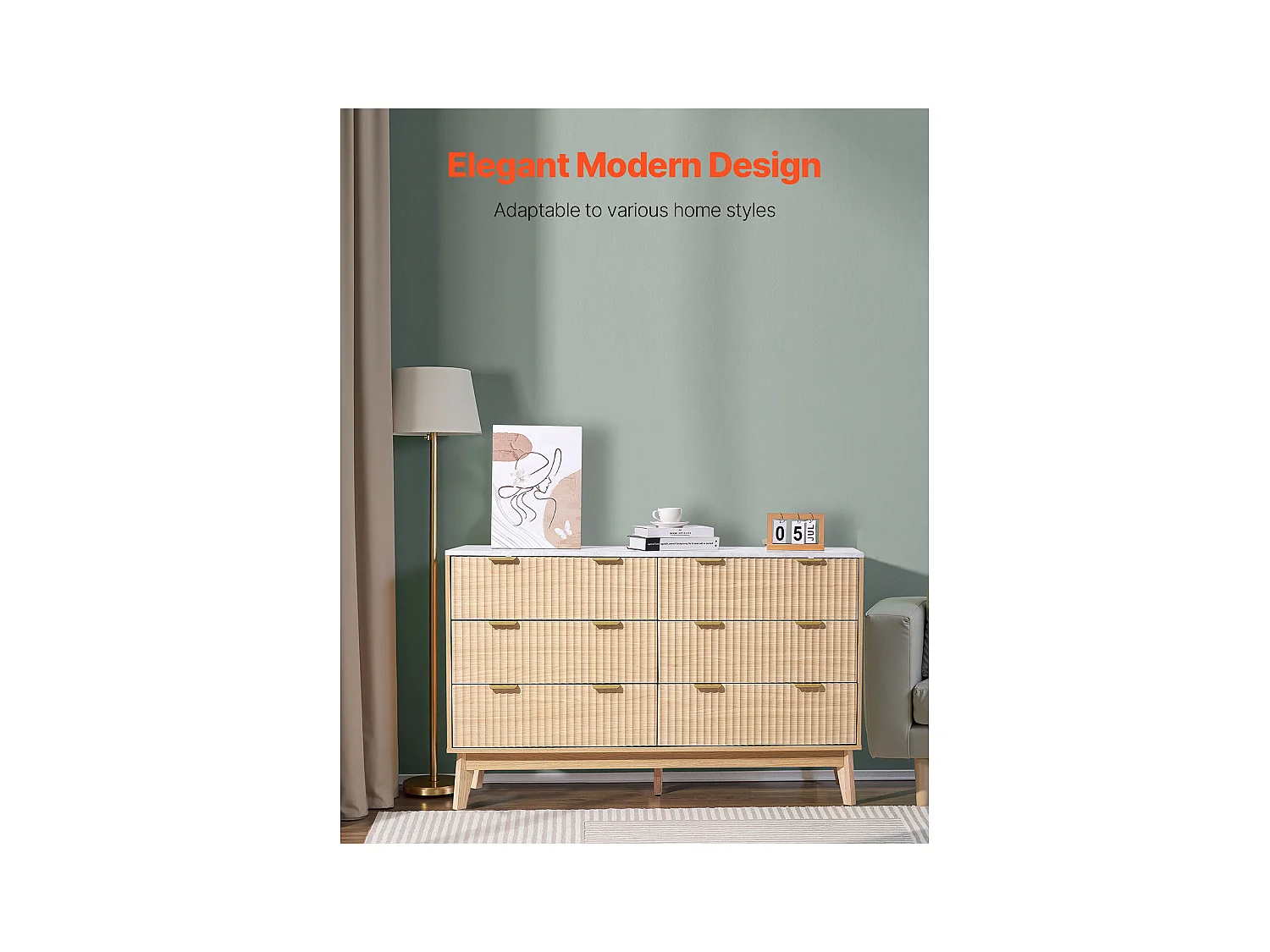 Commode SucceBuy à 6 tiroirs, Meuble de Rangement en Bois avec Système Coulissant et Anti-Basculement, Style Minimaliste Moderne, Bois Clair