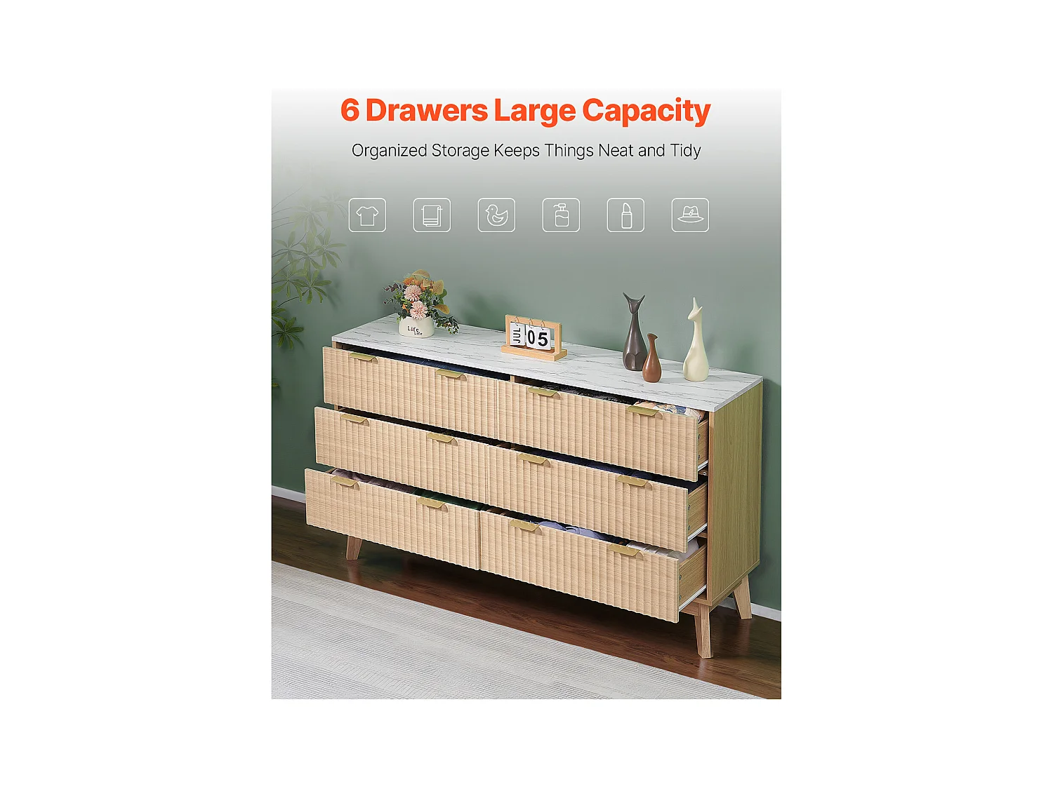 Commode SucceBuy à 6 tiroirs, Meuble de Rangement en Bois avec Système Coulissant et Anti-Basculement, Style Minimaliste Moderne, Bois Clair