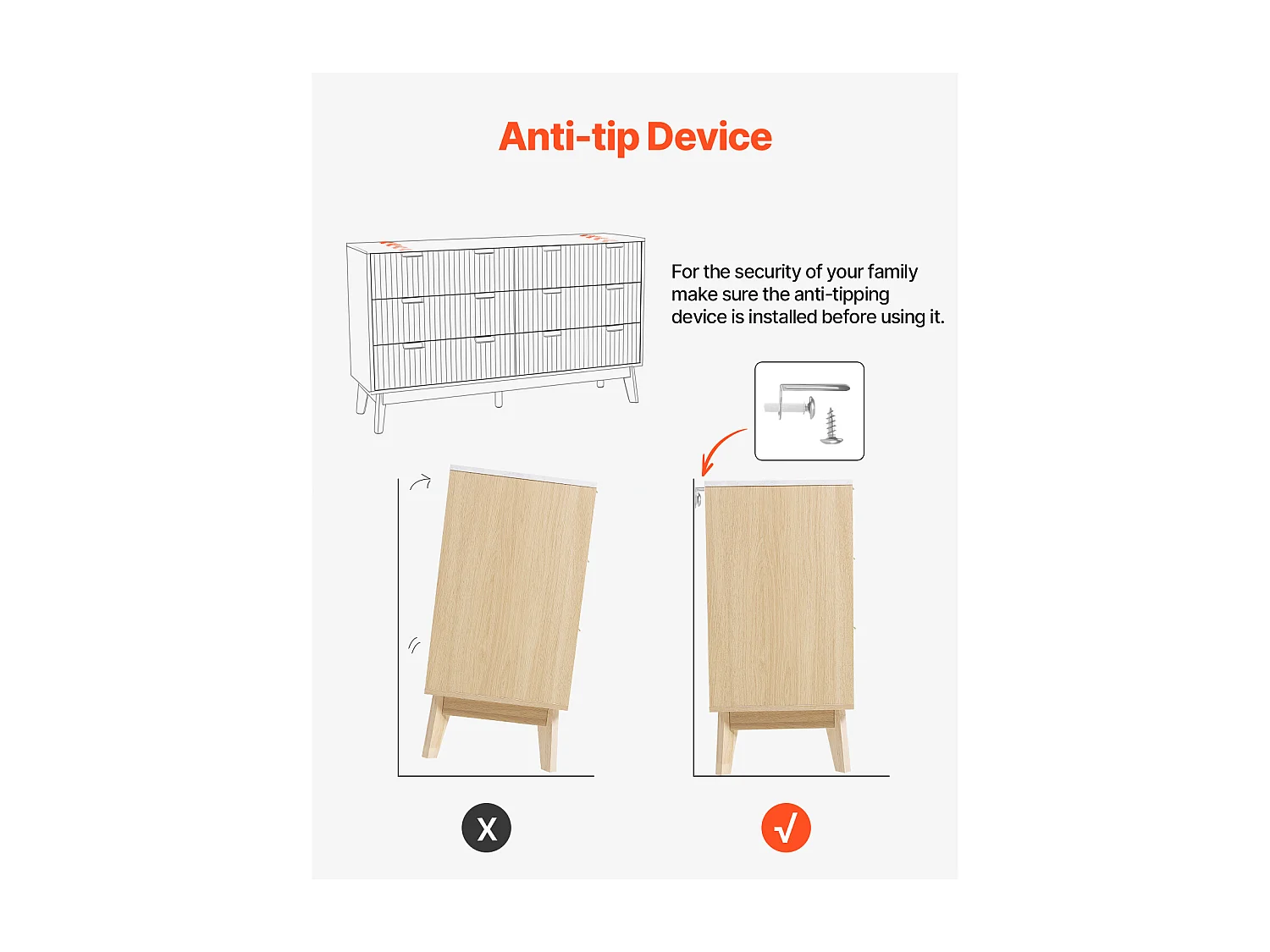 Commode SucceBuy à 6 tiroirs, Meuble de Rangement en Bois avec Système Coulissant et Anti-Basculement, Style Minimaliste Moderne, Bois Clair
