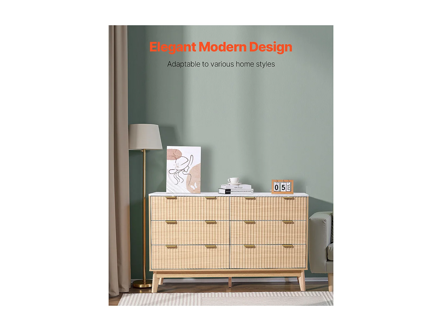 Commode SucceBuy à 6 tiroirs, Meuble de Rangement en Bois avec Système Coulissant et Anti-Basculement, Style Minimaliste Moderne, Bois Clair