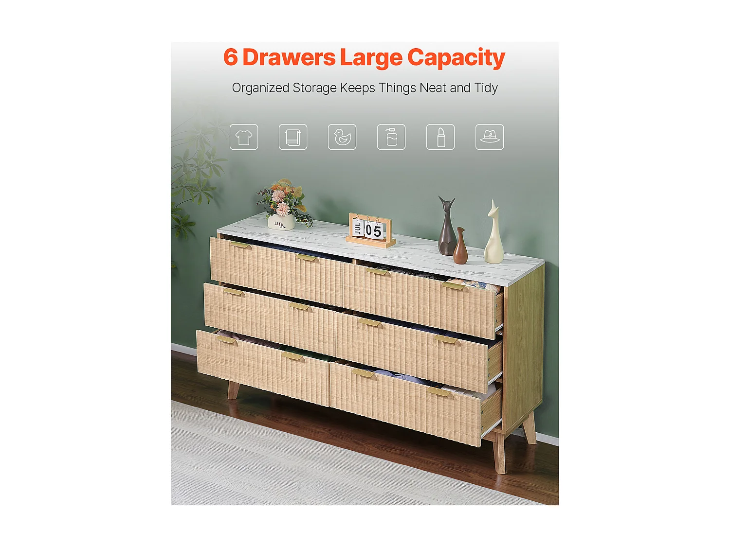 Commode SucceBuy à 6 tiroirs, Meuble de Rangement en Bois avec Système Coulissant et Anti-Basculement, Style Minimaliste Moderne, Bois Clair