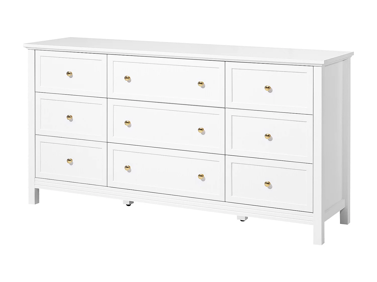 Komoda SucceBuy z 9 Szufladami, Drewniana Szafka z Systemem Przesuwnym i Antypoślizgowym, Minimalistyczny Styl Retro, Szafka do Salonu, Biała