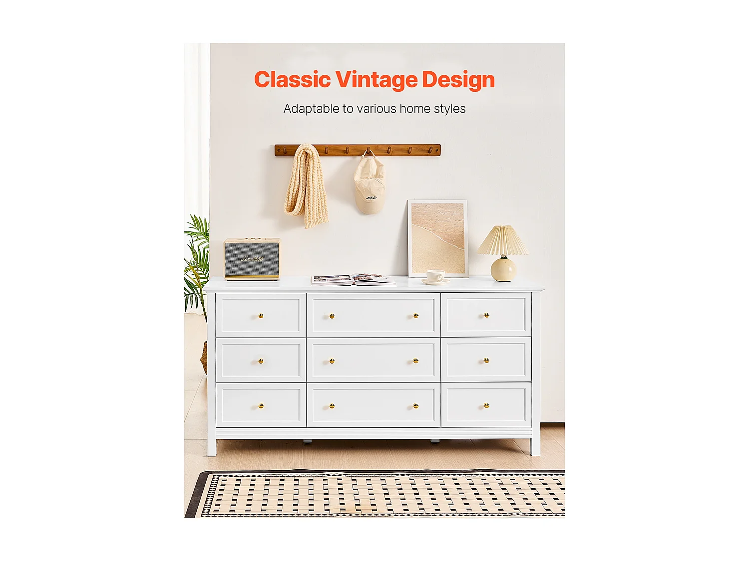 Komoda SucceBuy z 9 Szufladami, Drewniana Szafka z Systemem Przesuwnym i Antypoślizgowym, Minimalistyczny Styl Retro, Szafka do Salonu, Biała