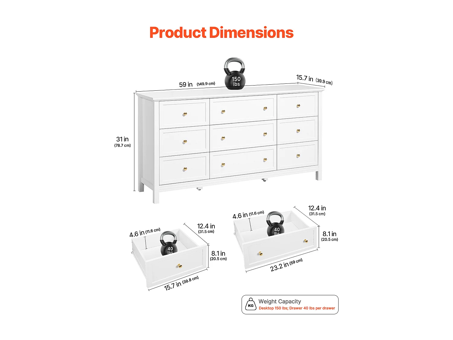 Komoda SucceBuy z 9 Szufladami, Drewniana Szafka z Systemem Przesuwnym i Antypoślizgowym, Minimalistyczny Styl Retro, Szafka do Salonu, Biała