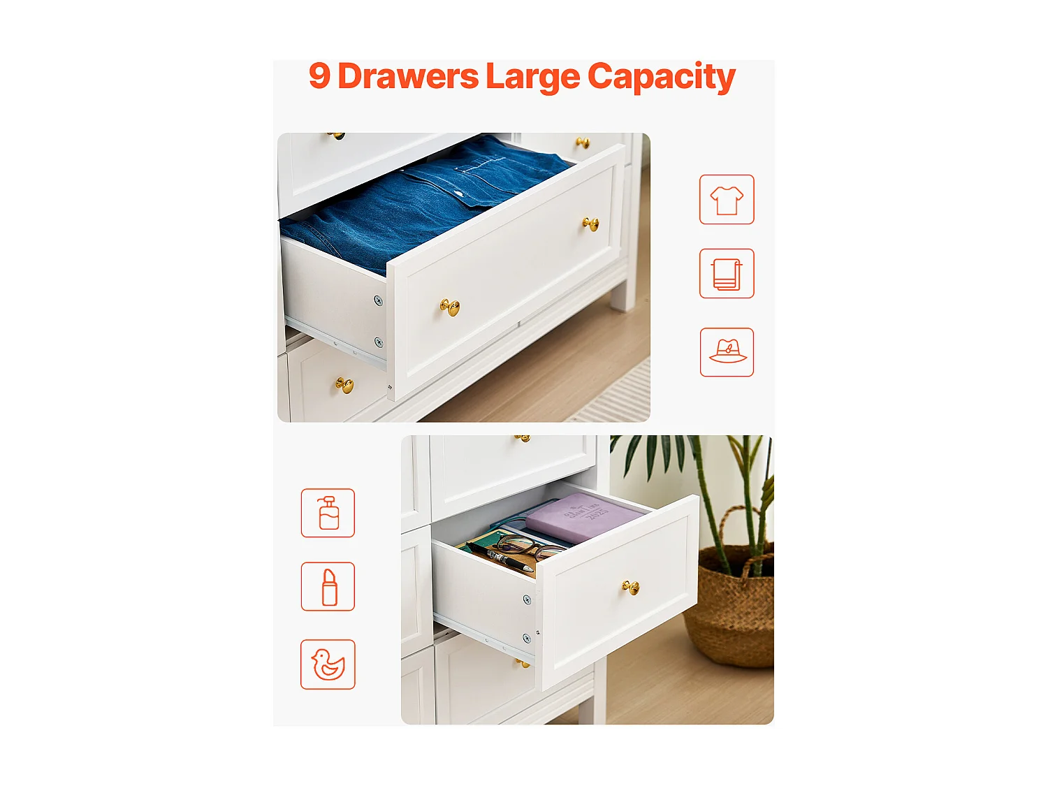 Komoda SucceBuy z 9 Szufladami, Drewniana Szafka z Systemem Przesuwnym i Antypoślizgowym, Minimalistyczny Styl Retro, Szafka do Salonu, Biała