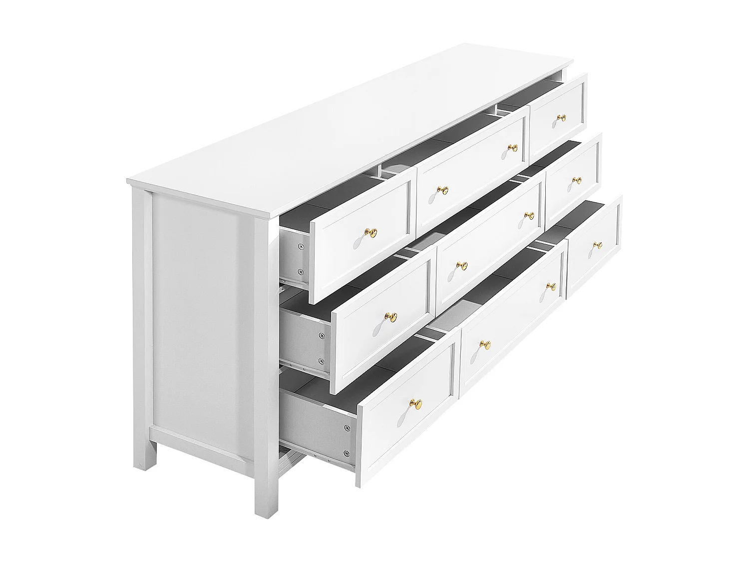 Komoda SucceBuy z 9 Szufladami, Drewniana Szafka z Systemem Przesuwnym i Antypoślizgowym, Minimalistyczny Styl Retro, Szafka do Salonu, Biała