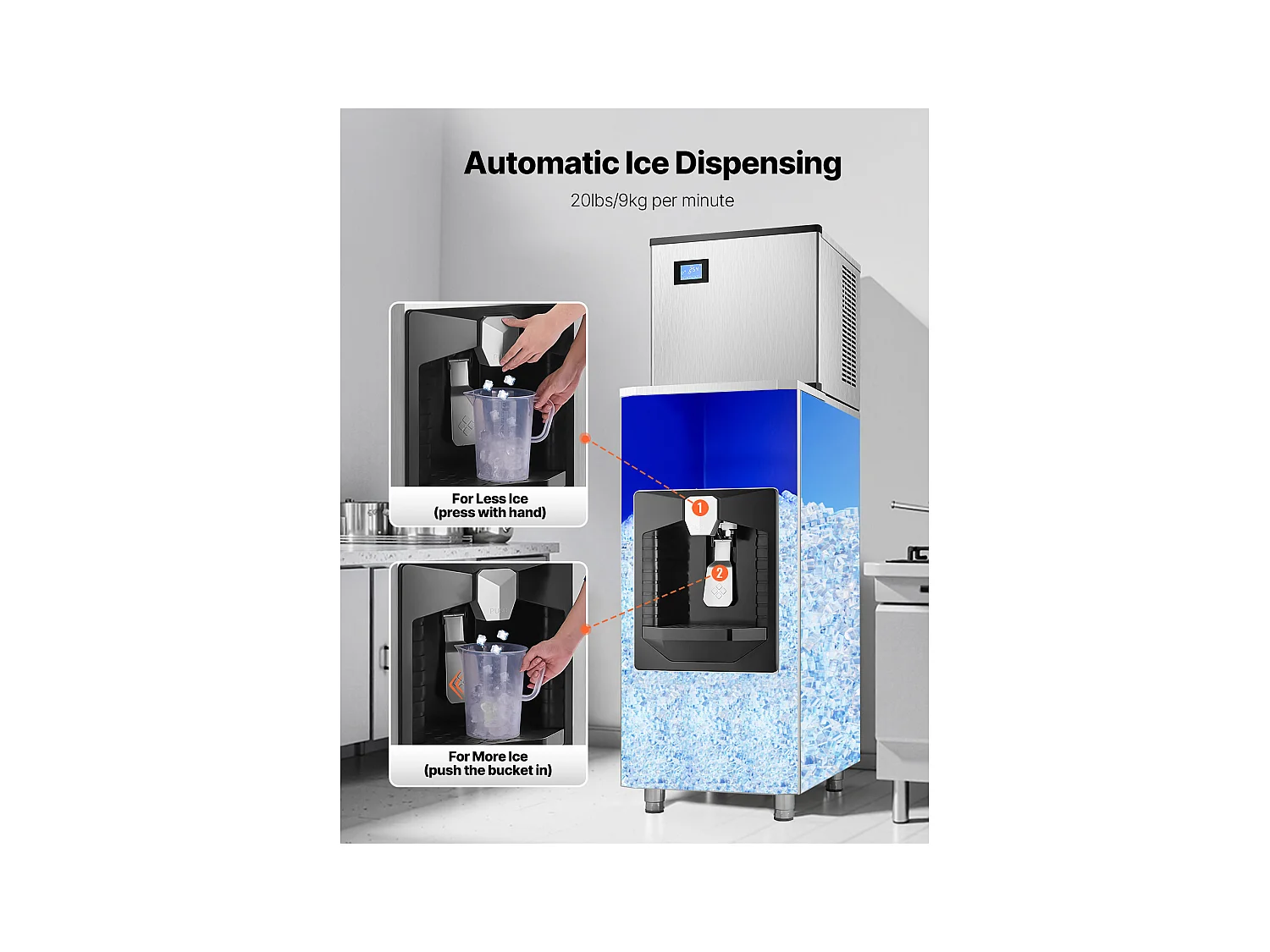 Distributeur de Glaçons SucceBuy, 9 kg/min, Distribution Automatique avec Broyeur, Pieds Réglables en Hauteur, pour Machine à Glaçons Bureau