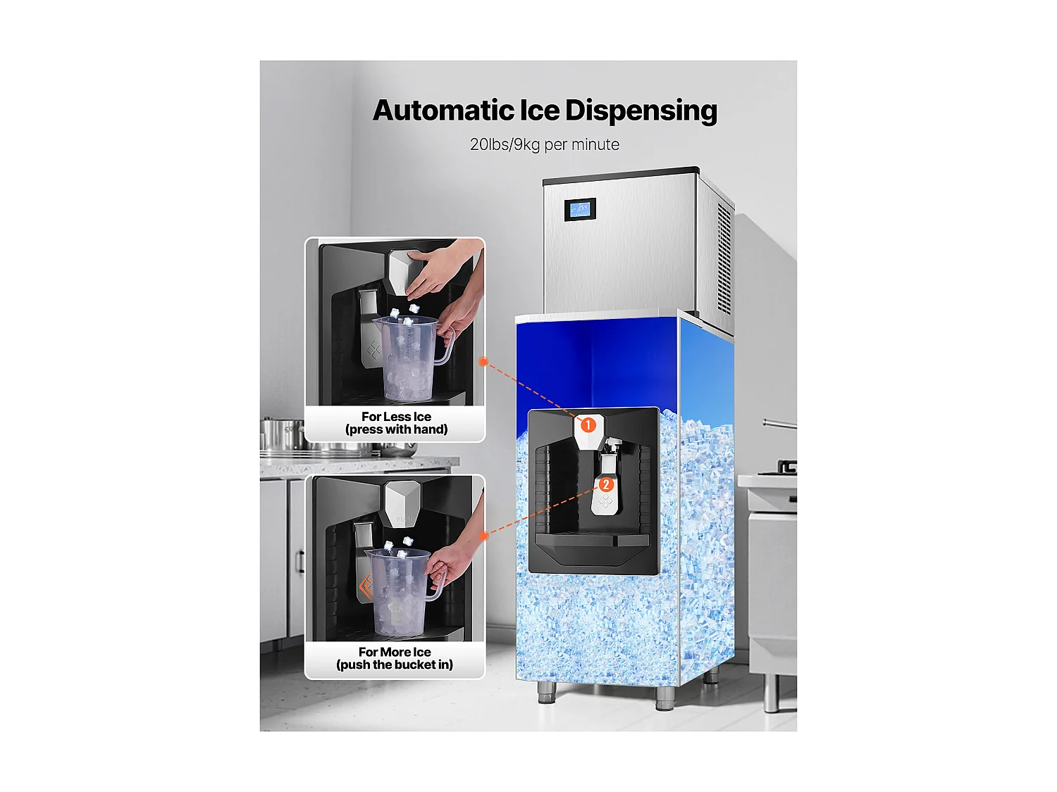 Distributeur de Glaçons SucceBuy, 9 kg/min, Distribution Automatique avec Broyeur, Pieds Réglables en Hauteur, pour Machine à Glaçons Bureau