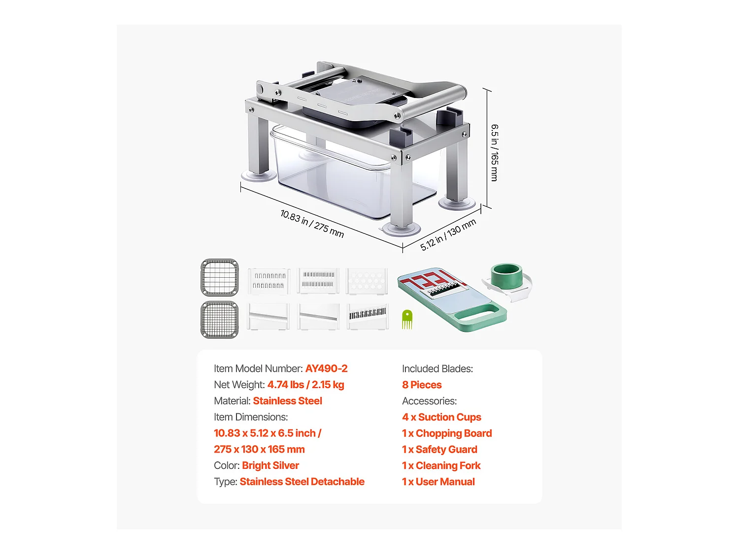 Mandoline Cuisine Hachoir SucceBuy,  avec 8 Lames en Acier Inoxydable et Récipient, Coupe Oignons et Pommes de Terre, Gadgets de Cuisine Hachage Rapide