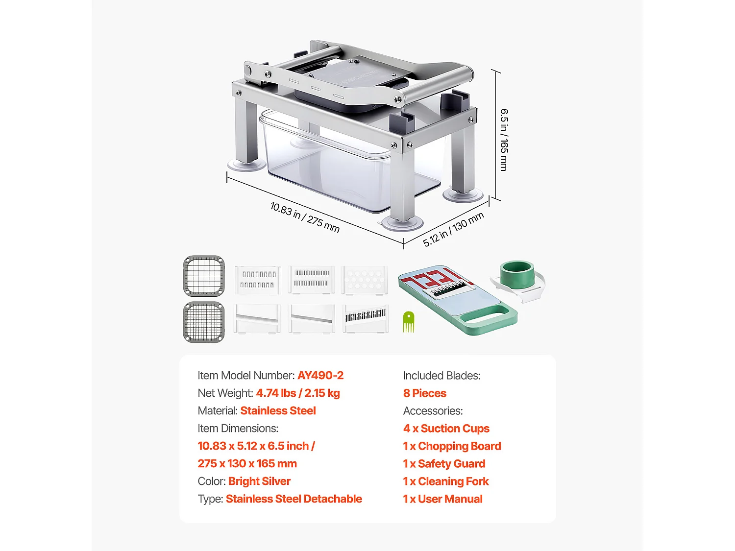 Mandoline Cuisine Hachoir SucceBuy,  avec 8 Lames en Acier Inoxydable et Récipient, Coupe Oignons et Pommes de Terre, Gadgets de Cuisine Hachage Rapide