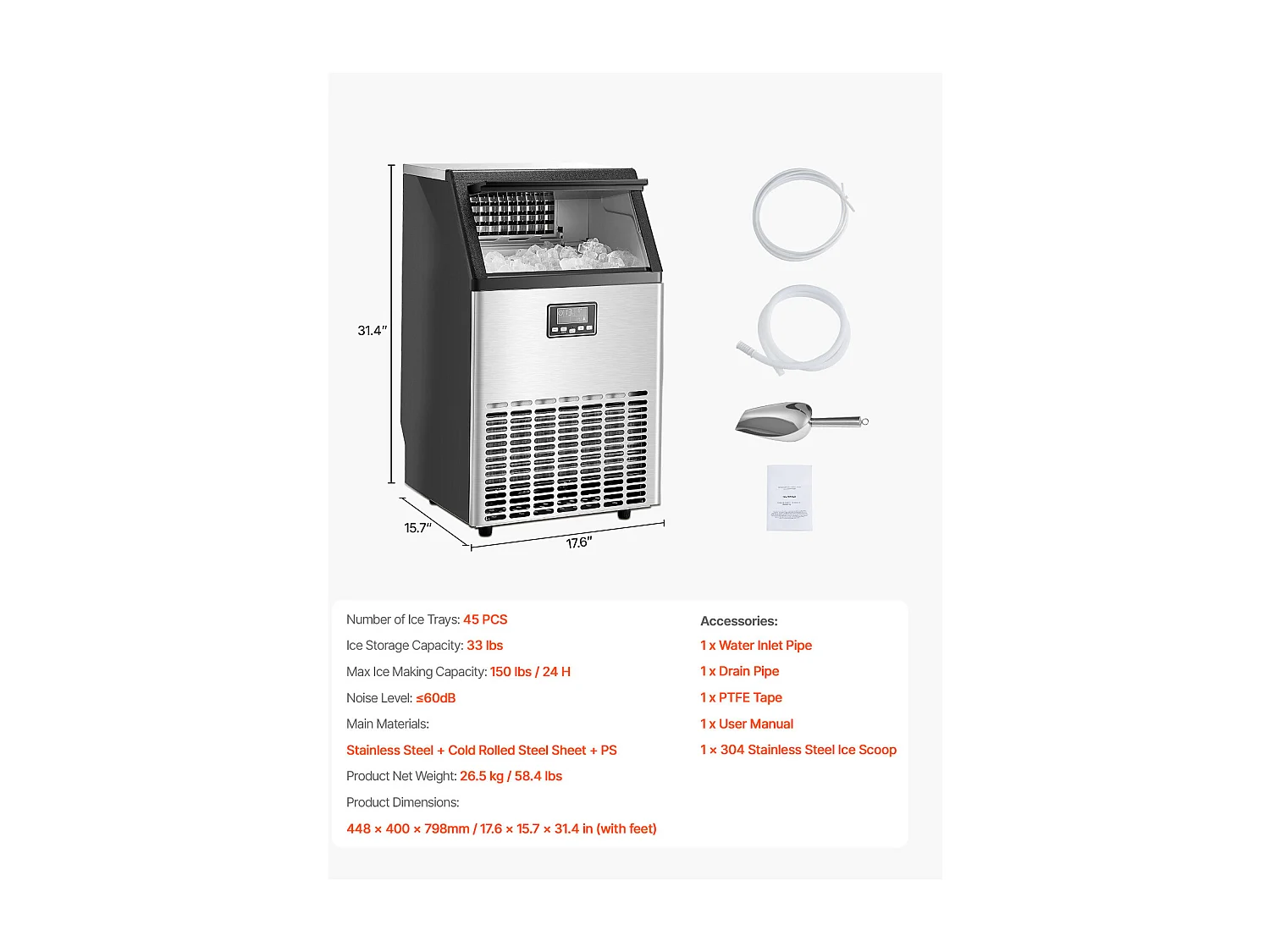 Máquina de Hielo Independiente SucceBuy, Capacidad de Producción de 68 kg/24 h, Pantalla Digital LED y Función de Autolimpieza, para Bar y Oficina