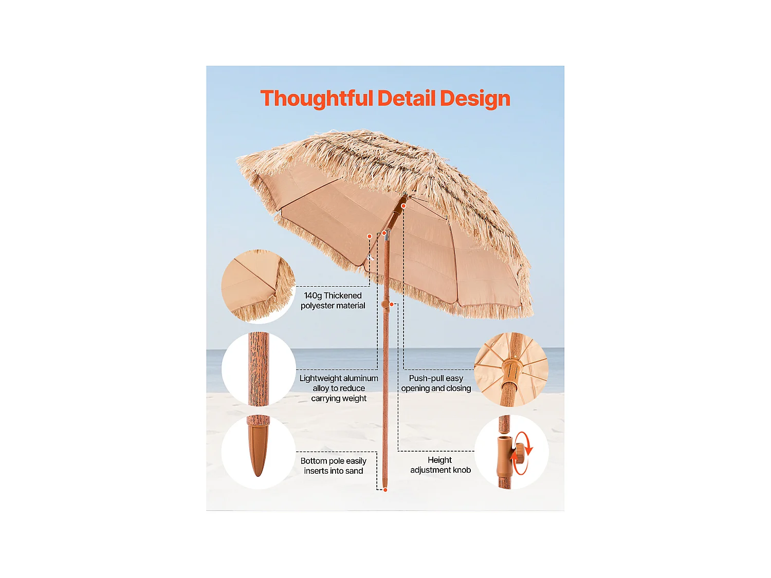 Parasol Hawaïen SucceBuy, 2 m Parasol Exotique Inclinable avec Toit Chaume PP, 8 Baleines Métalliques, pour Plage, Terrasse, Bord de Piscine, Jardin