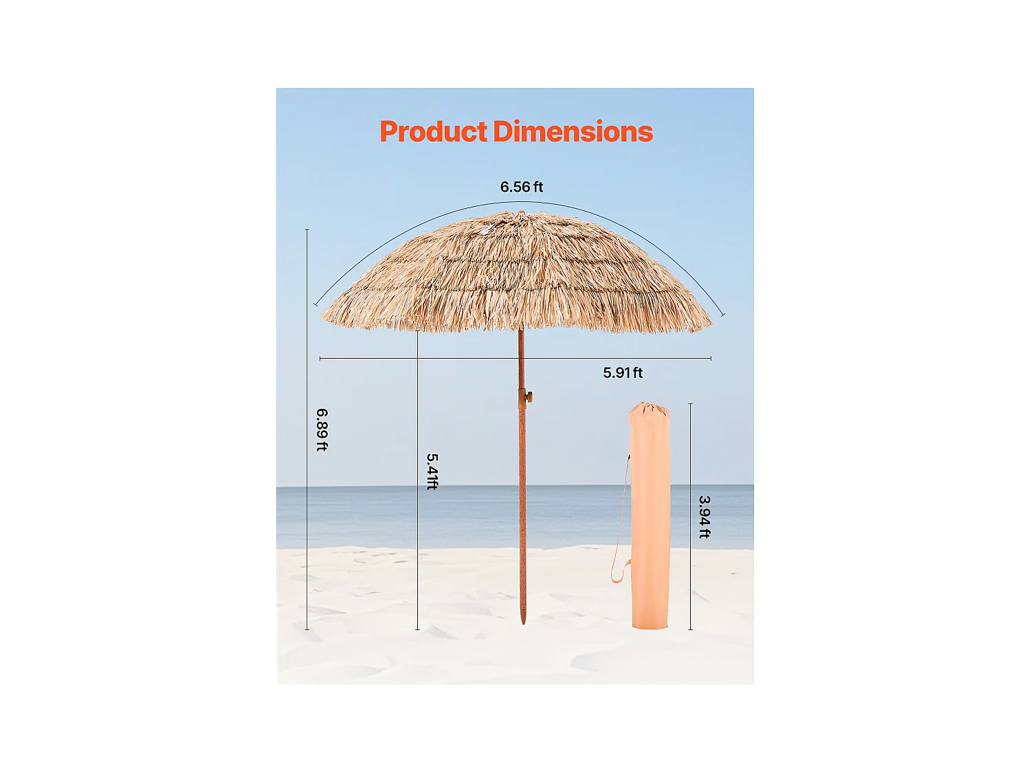 Parasol Hawaïen SucceBuy, 2 m Parasol Exotique Inclinable avec Toit Chaume PP, 8 Baleines Métalliques, pour Plage, Terrasse, Bord de Piscine, Jardin