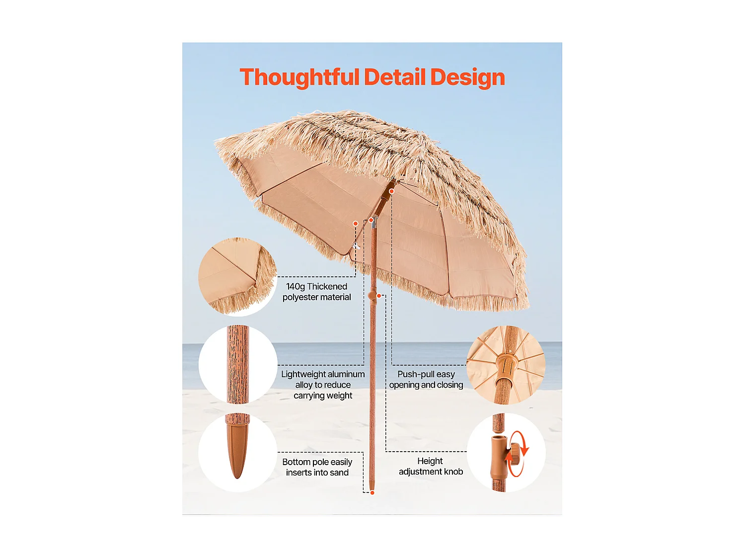 Parasol Hawaïen SucceBuy, 2 m Parasol Exotique Inclinable avec Toit Chaume PP, 8 Baleines Métalliques, pour Plage, Terrasse, Bord de Piscine, Jardin