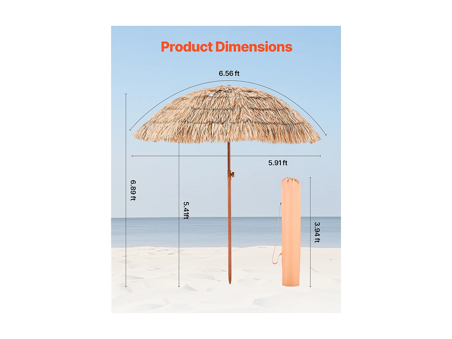 Parasol Hawaïen SucceBuy, 2 m Parasol Exotique Inclinable avec Toit Chaume PP, 8 Baleines Métalliques, pour Plage, Terrasse, Bord de Piscine, Jardin
