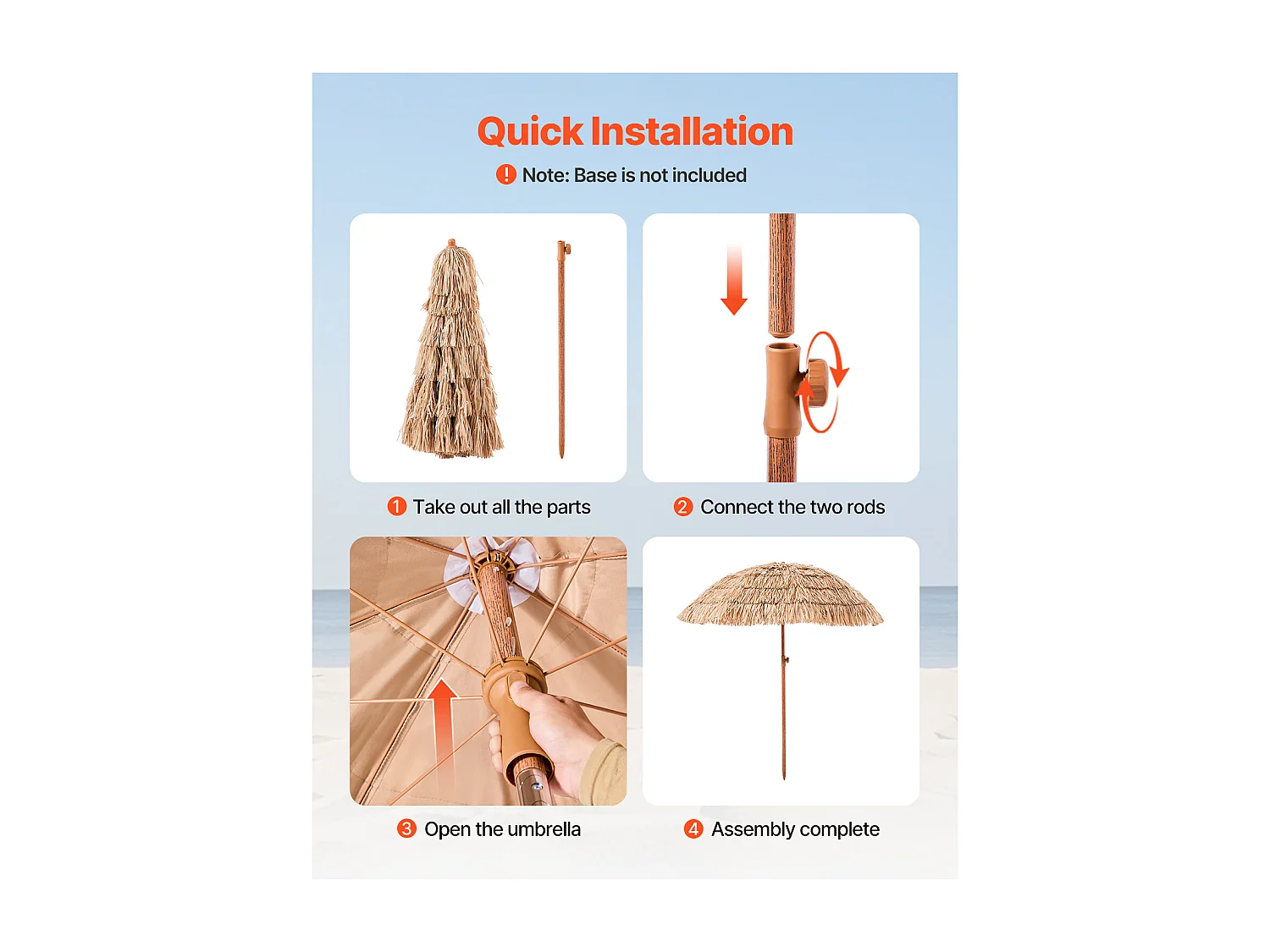 Parasol Hawaïen SucceBuy, 2 m Parasol Exotique Inclinable avec Toit Chaume PP, 8 Baleines Métalliques, pour Plage, Terrasse, Bord de Piscine, Jardin