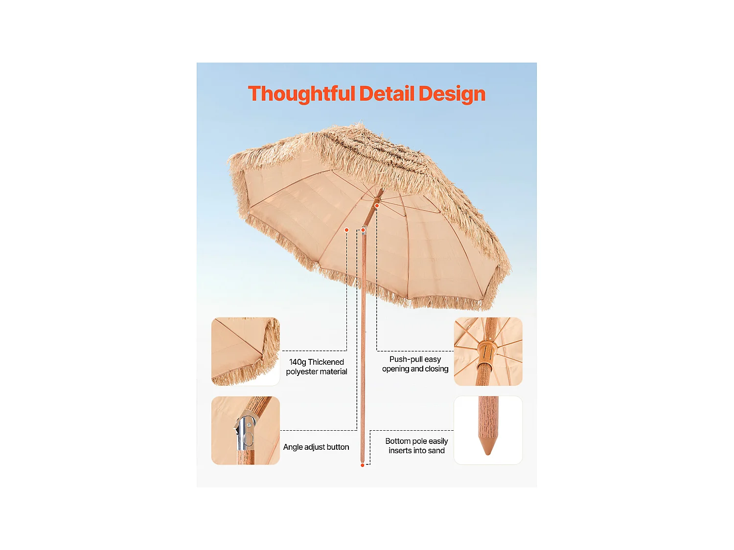 Parasol Hawaïen SucceBuy, 2,4 m Parasol Exotique Inclinable avec Toit Chaume PP, 8 Baleines Métalliques, pour Plage, Terrasse, Bord de Piscine, Jardin