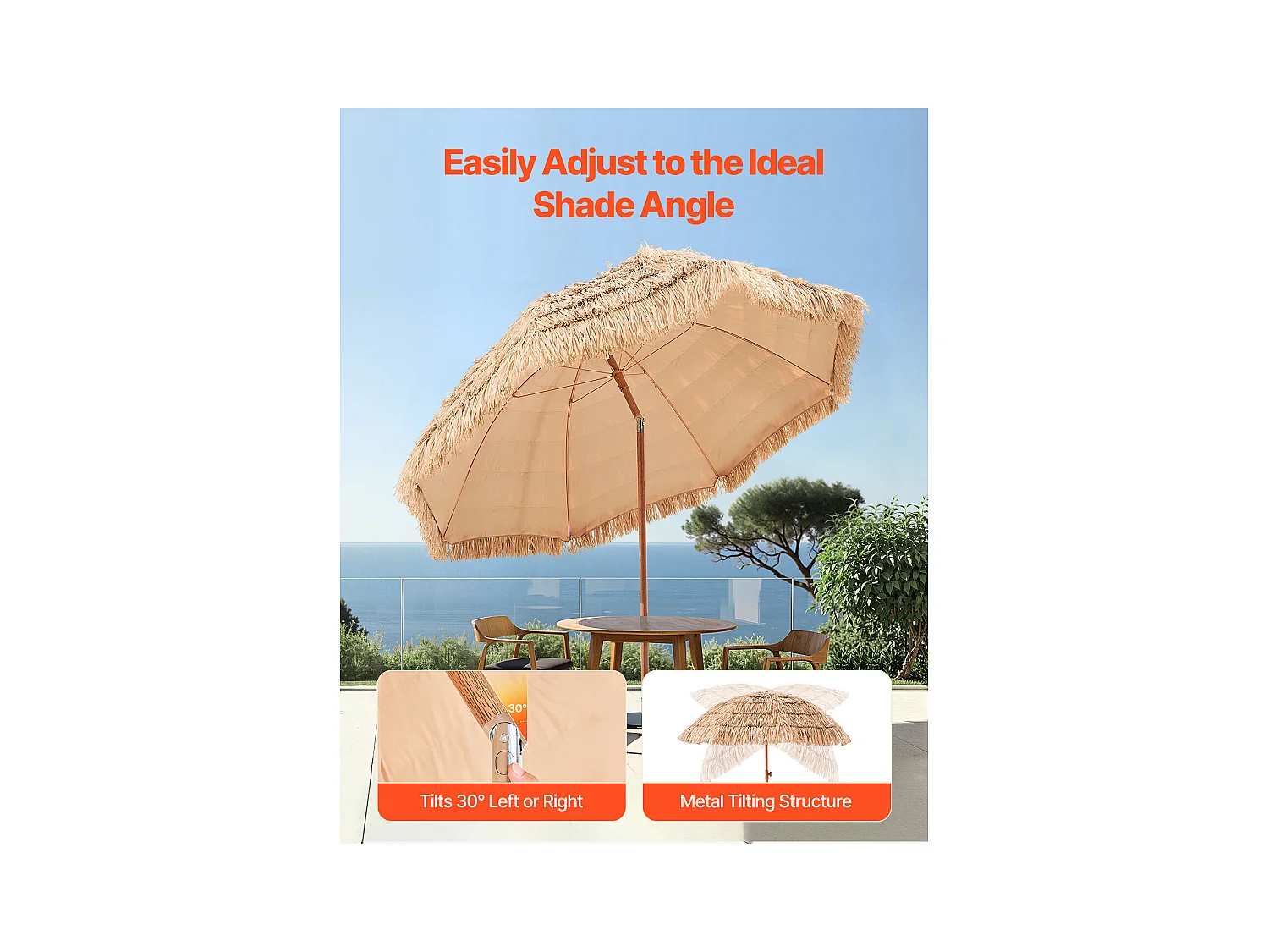 Parasol Hawaïen SucceBuy, 2,4 m Parasol Exotique Inclinable avec Toit Chaume PP, 8 Baleines Métalliques, pour Plage, Terrasse, Bord de Piscine, Jardin