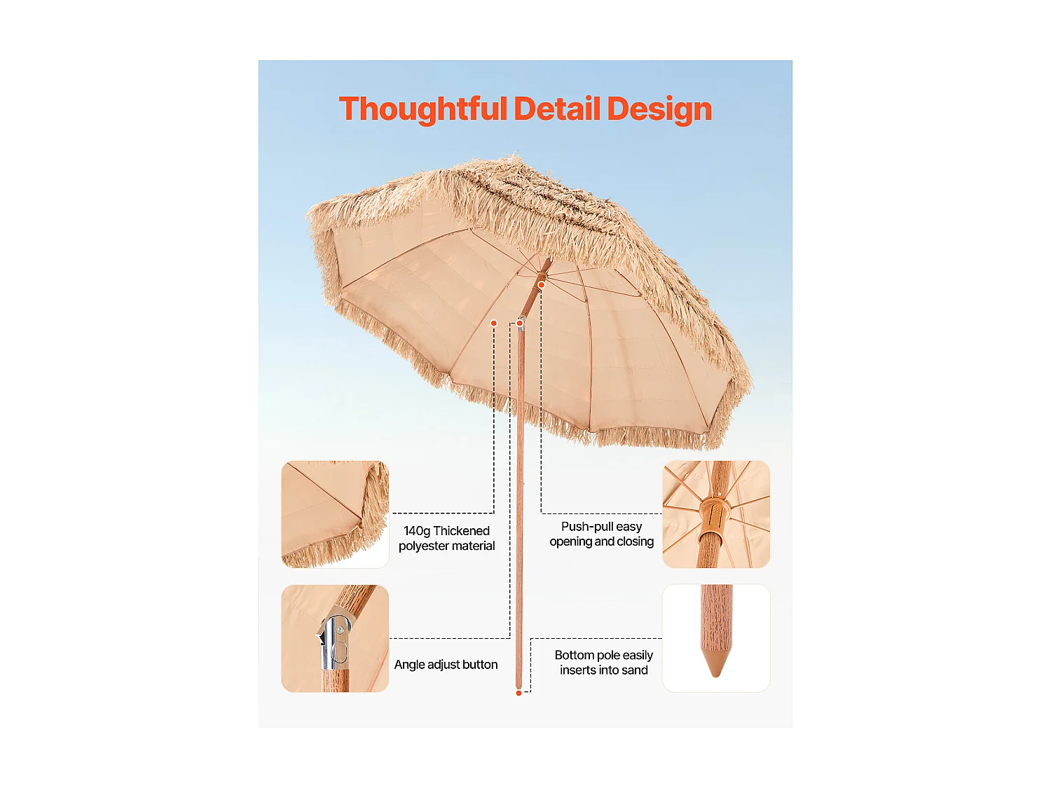 Parasol Hawaïen SucceBuy, 2,4 m Parasol Exotique Inclinable avec Toit Chaume PP, 8 Baleines Métalliques, pour Plage, Terrasse, Bord de Piscine, Jardin