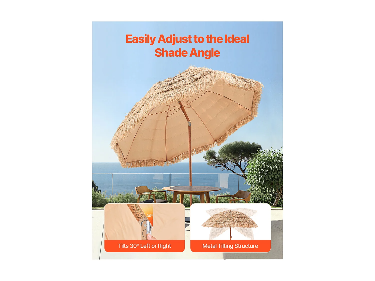 Parasol Hawaïen SucceBuy, 2,4 m Parasol Exotique Inclinable avec Toit Chaume PP, 8 Baleines Métalliques, pour Plage, Terrasse, Bord de Piscine, Jardin