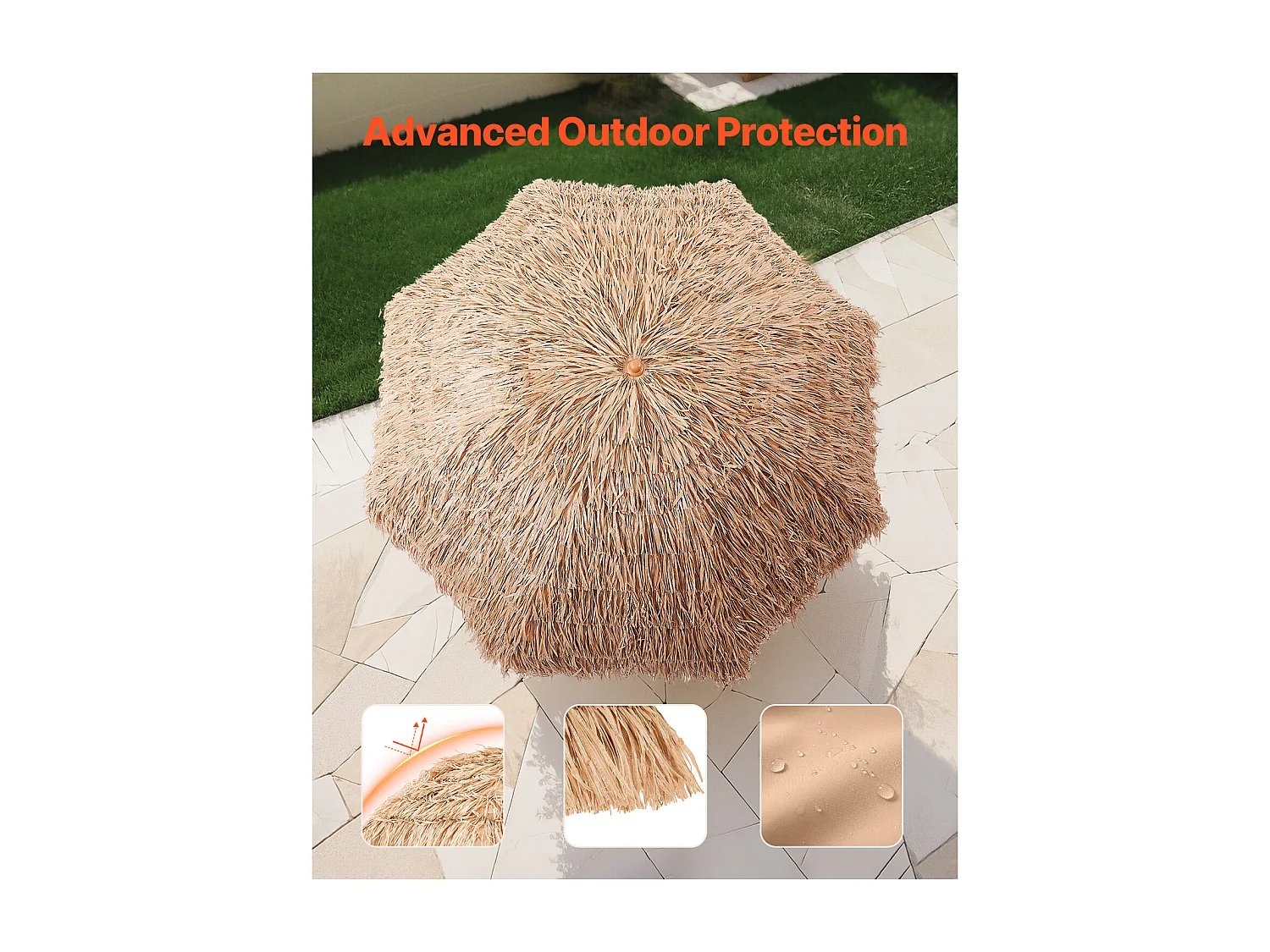 Parasol Hawaïen SucceBuy, 2,4 m Parasol Exotique Inclinable avec Toit Chaume PP, 8 Baleines Métalliques, pour Plage, Terrasse, Bord de Piscine, Jardin