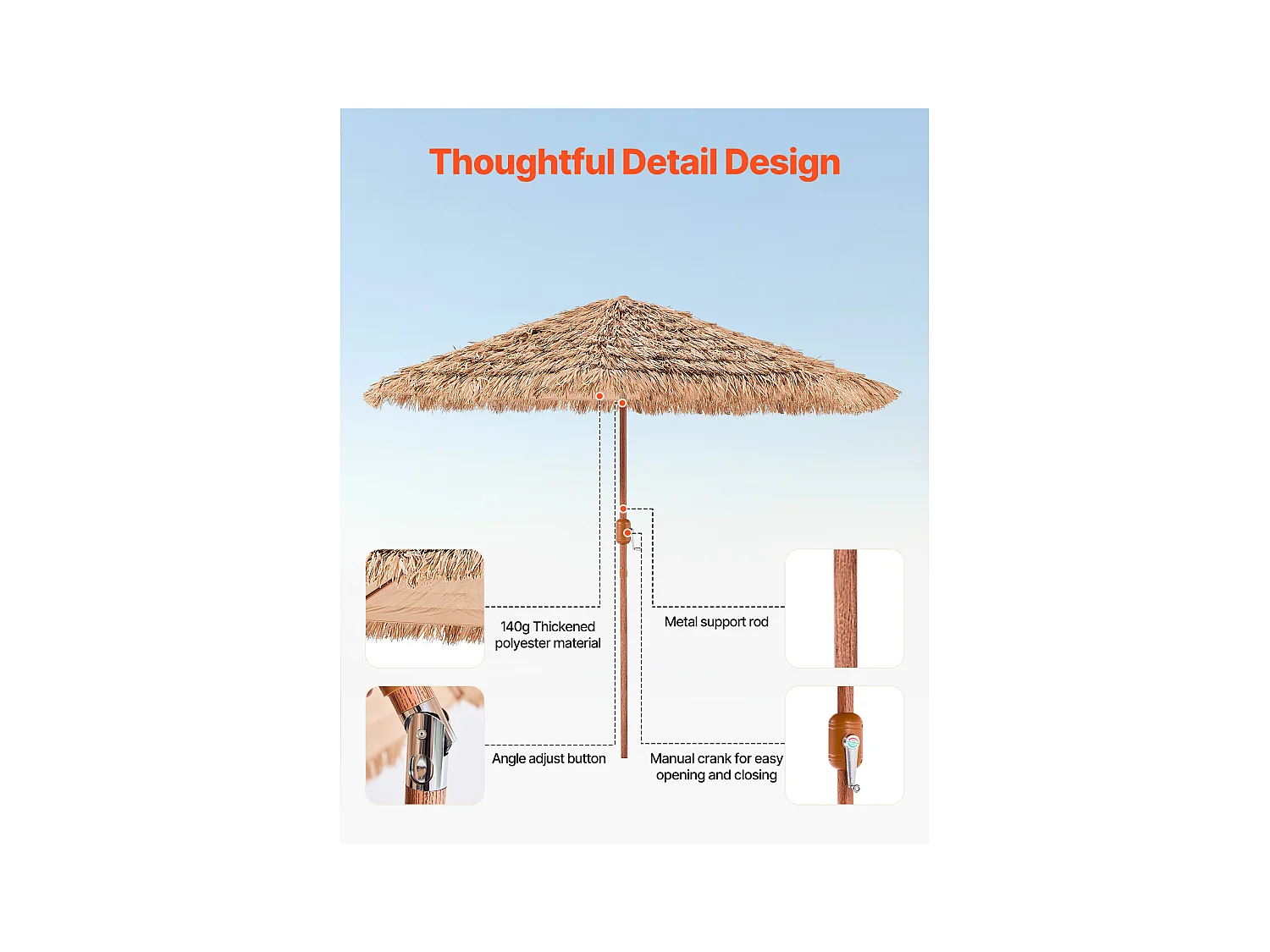 Parasol Hawaïen SucceBuy, 2,7 m Parasol Exotique Inclinable avec Toit Chaume PP, 8 Baleines Métalliques, pour Plage, Terrasse, Bord de Piscine, Jardin