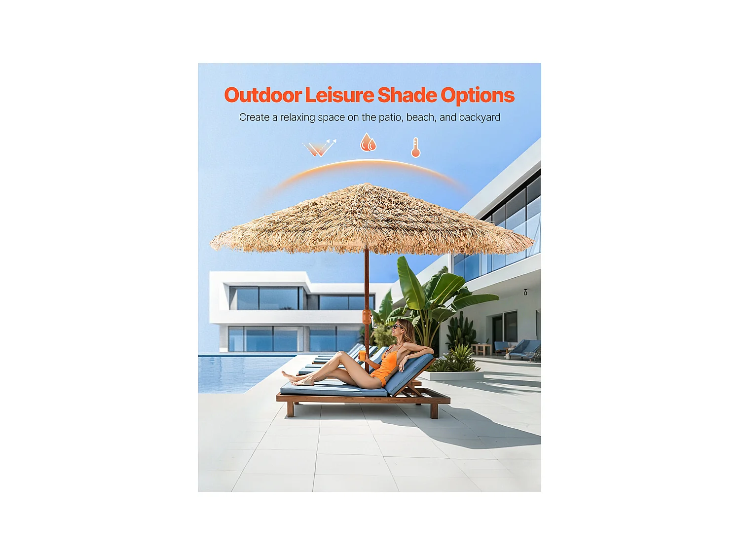 Parasol Hawaïen SucceBuy, 2,7 m Parasol Exotique Inclinable avec Toit Chaume PP, 8 Baleines Métalliques, pour Plage, Terrasse, Bord de Piscine, Jardin