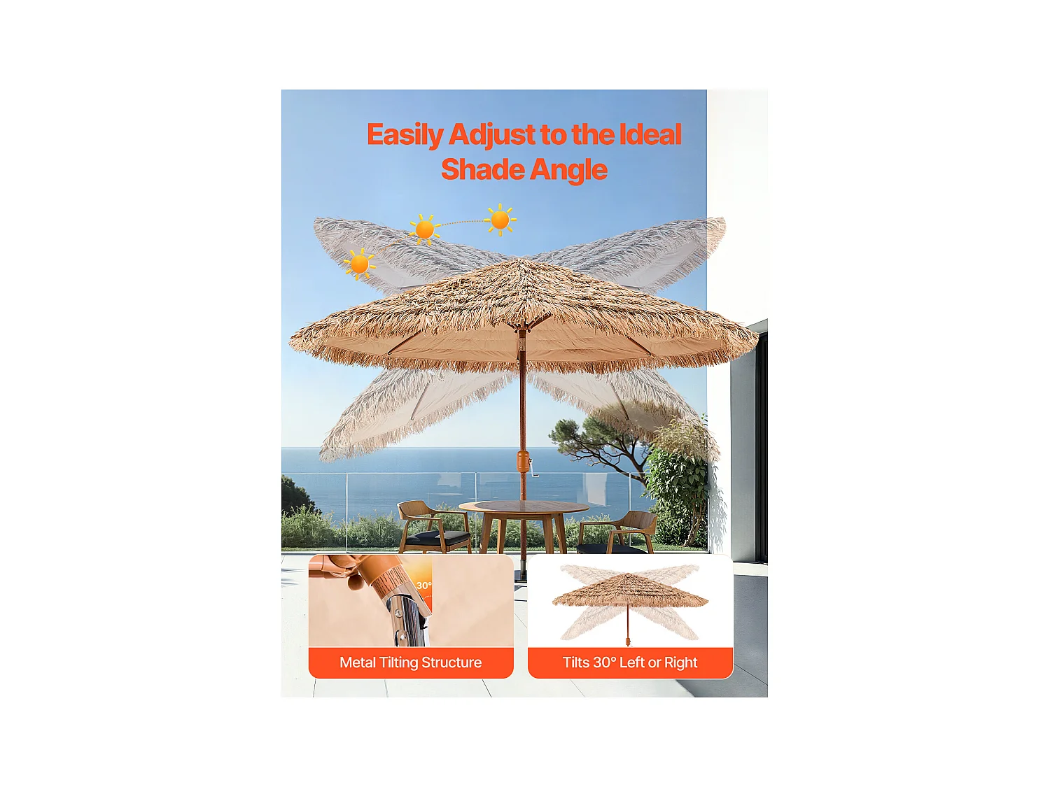 Parasol Hawaïen SucceBuy, 2,7 m Parasol Exotique Inclinable avec Toit Chaume PP, 8 Baleines Métalliques, pour Plage, Terrasse, Bord de Piscine, Jardin
