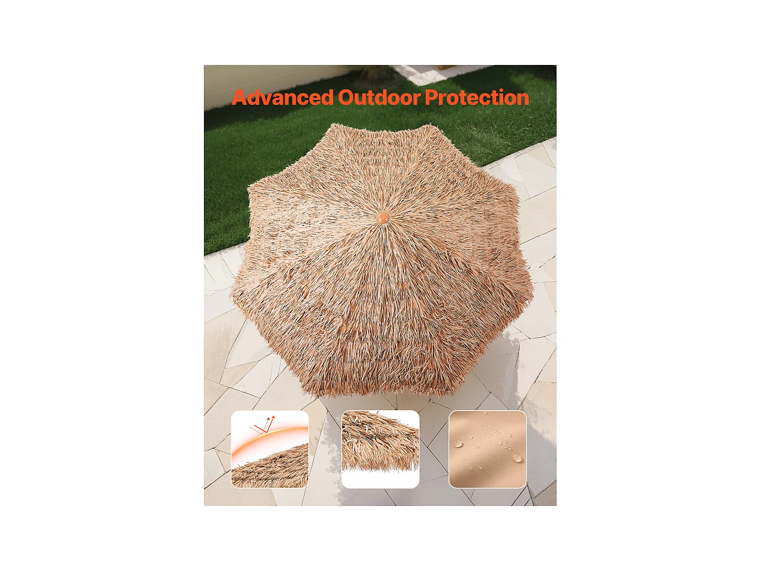 Parasol Hawaïen SucceBuy, 2,7 m Parasol Exotique Inclinable avec Toit Chaume PP, 8 Baleines Métalliques, pour Plage, Terrasse, Bord de Piscine, Jardin