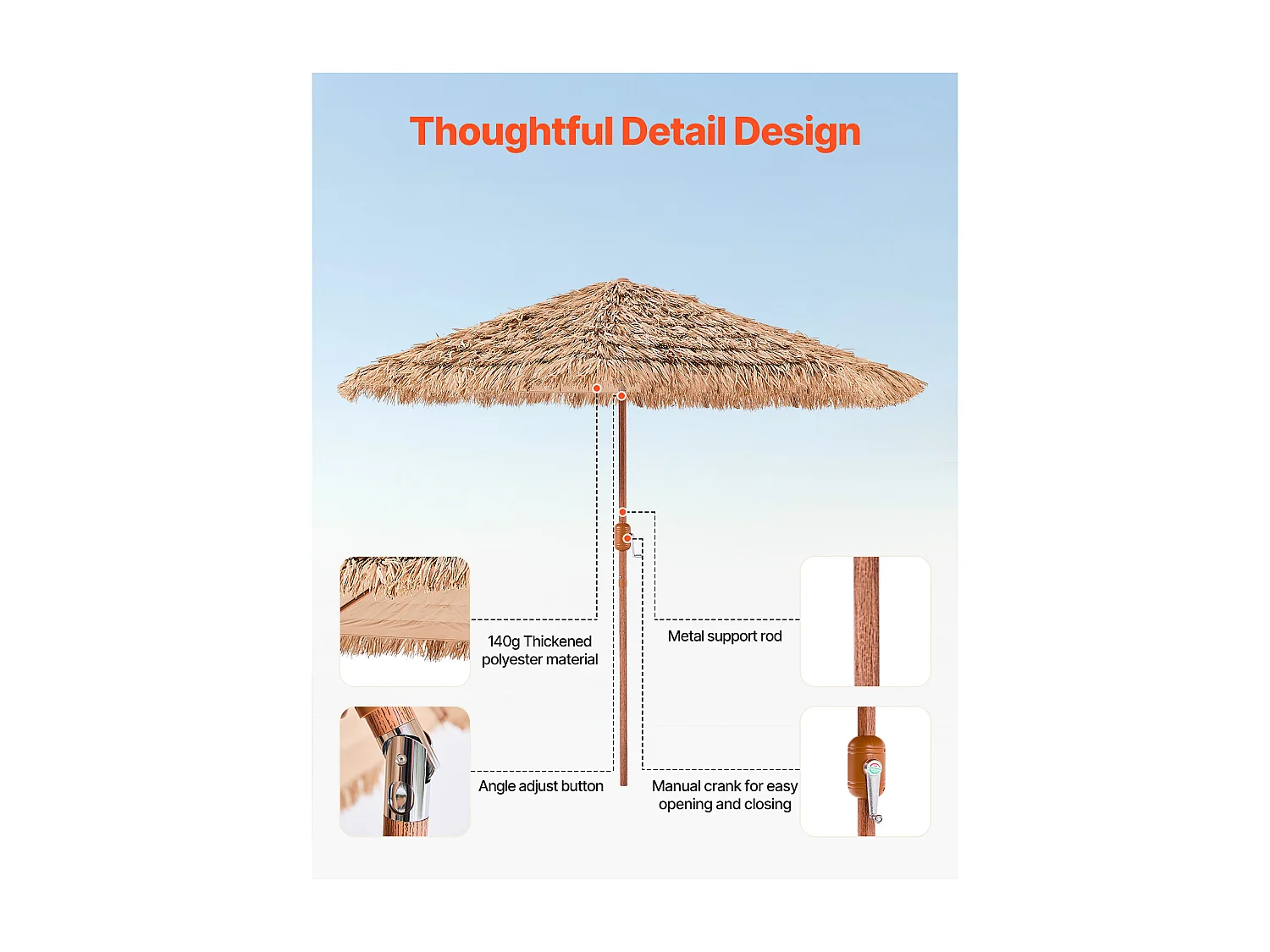 Parasol Hawaïen SucceBuy, 2,7 m Parasol Exotique Inclinable avec Toit Chaume PP, 8 Baleines Métalliques, pour Plage, Terrasse, Bord de Piscine, Jardin