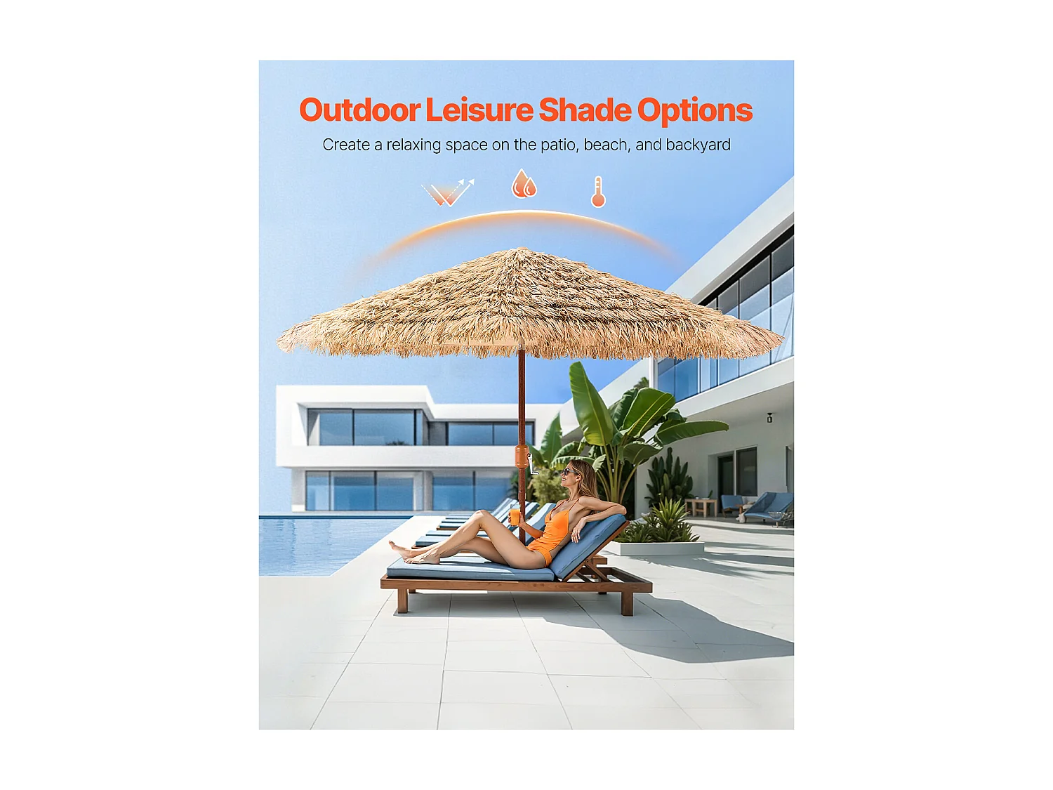 Parasol Hawaïen SucceBuy, 2,7 m Parasol Exotique Inclinable avec Toit Chaume PP, 8 Baleines Métalliques, pour Plage, Terrasse, Bord de Piscine, Jardin