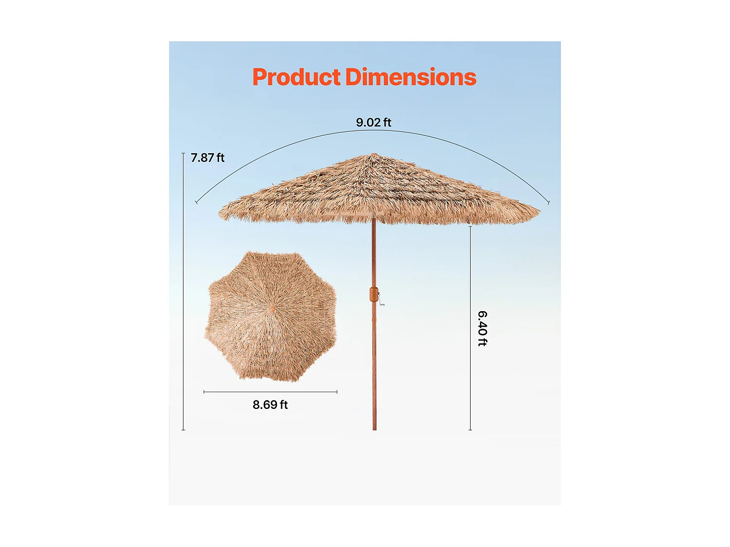 Parasol Hawaïen SucceBuy, 2,7 m Parasol Exotique Inclinable avec Toit Chaume PP, 8 Baleines Métalliques, pour Plage, Terrasse, Bord de Piscine, Jardin