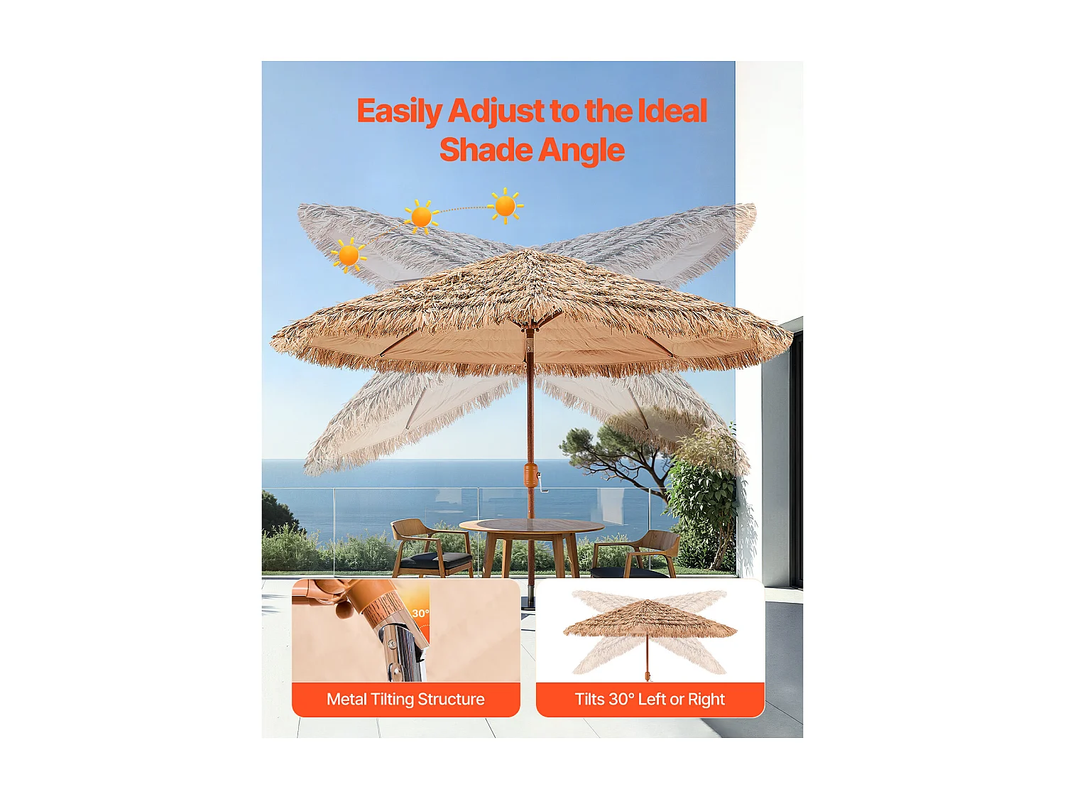 Parasol Hawaïen SucceBuy, 2,7 m Parasol Exotique Inclinable avec Toit Chaume PP, 8 Baleines Métalliques, pour Plage, Terrasse, Bord de Piscine, Jardin