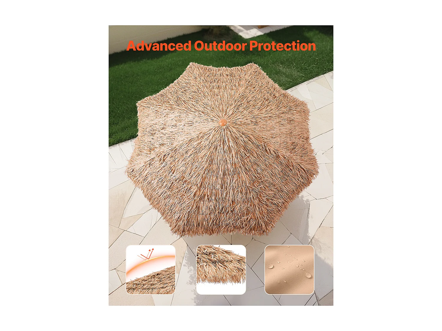 Parasol Hawaïen SucceBuy, 2,7 m Parasol Exotique Inclinable avec Toit Chaume PP, 8 Baleines Métalliques, pour Plage, Terrasse, Bord de Piscine, Jardin